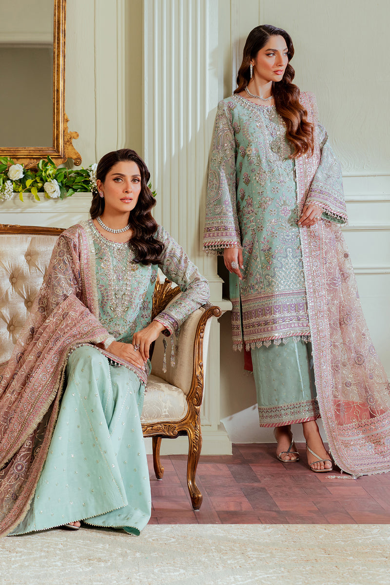 Baroque NET CH13-08 Light Ferozi Shirt with Wide Trouser,Short Shirt with Sharara for Formal Events - Pakistani Designer Wear for Women in UK | Kifat