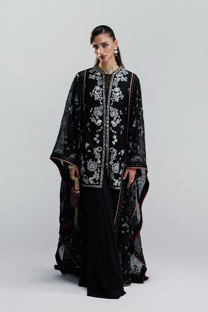 Model Wearing Suffuse by Sana Yasir ZAARISH Black short shirt with cigarette pants for Wedding Wear - Pakistani Designer wear for Women in UK | Kifat
