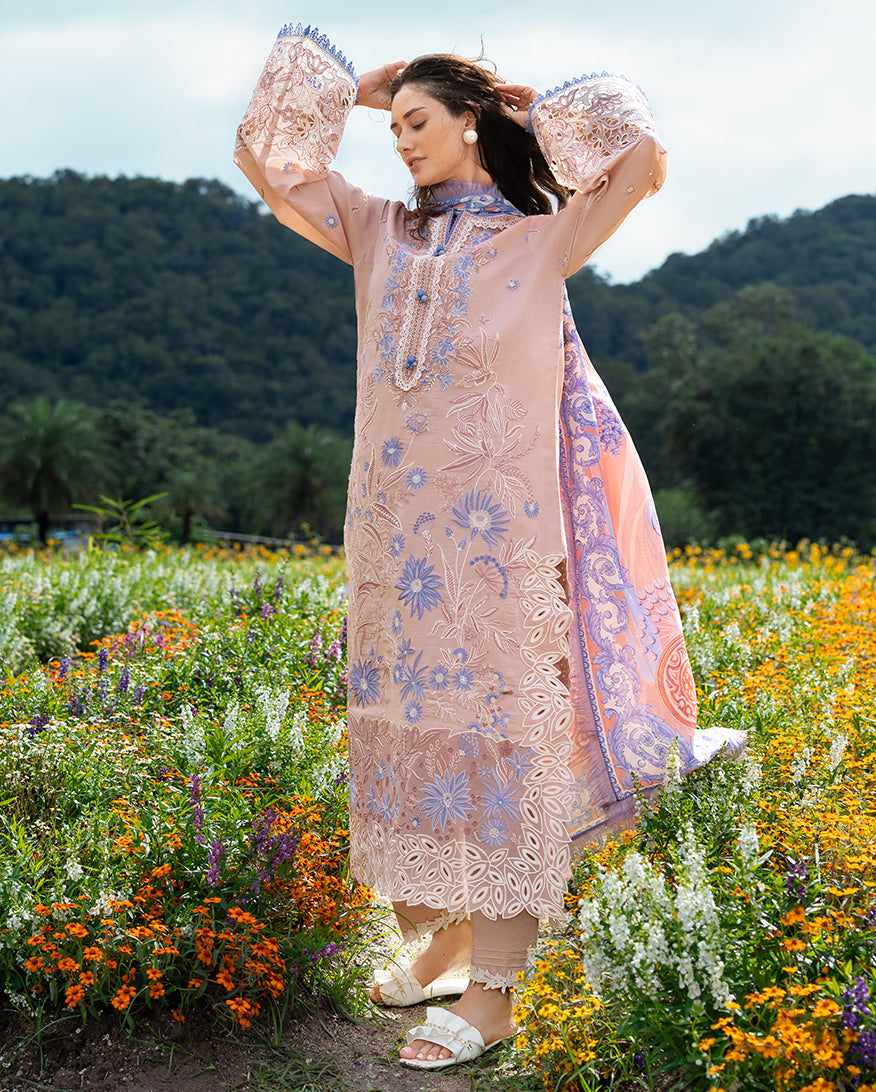 Women Wearing Bloom Sonata Peach Pink Long Shirt for Festive Events - Pakistani Designer Wear for Women in UK | Kifat