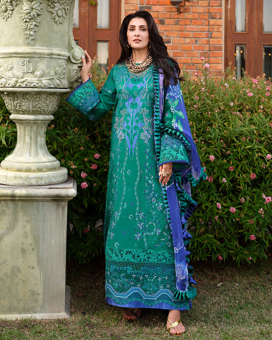 Women Wearing Blooming Romance Teal Green Long Shirt For Luxury Events - Pakistani Designer Wear For Women In UK | Kifat