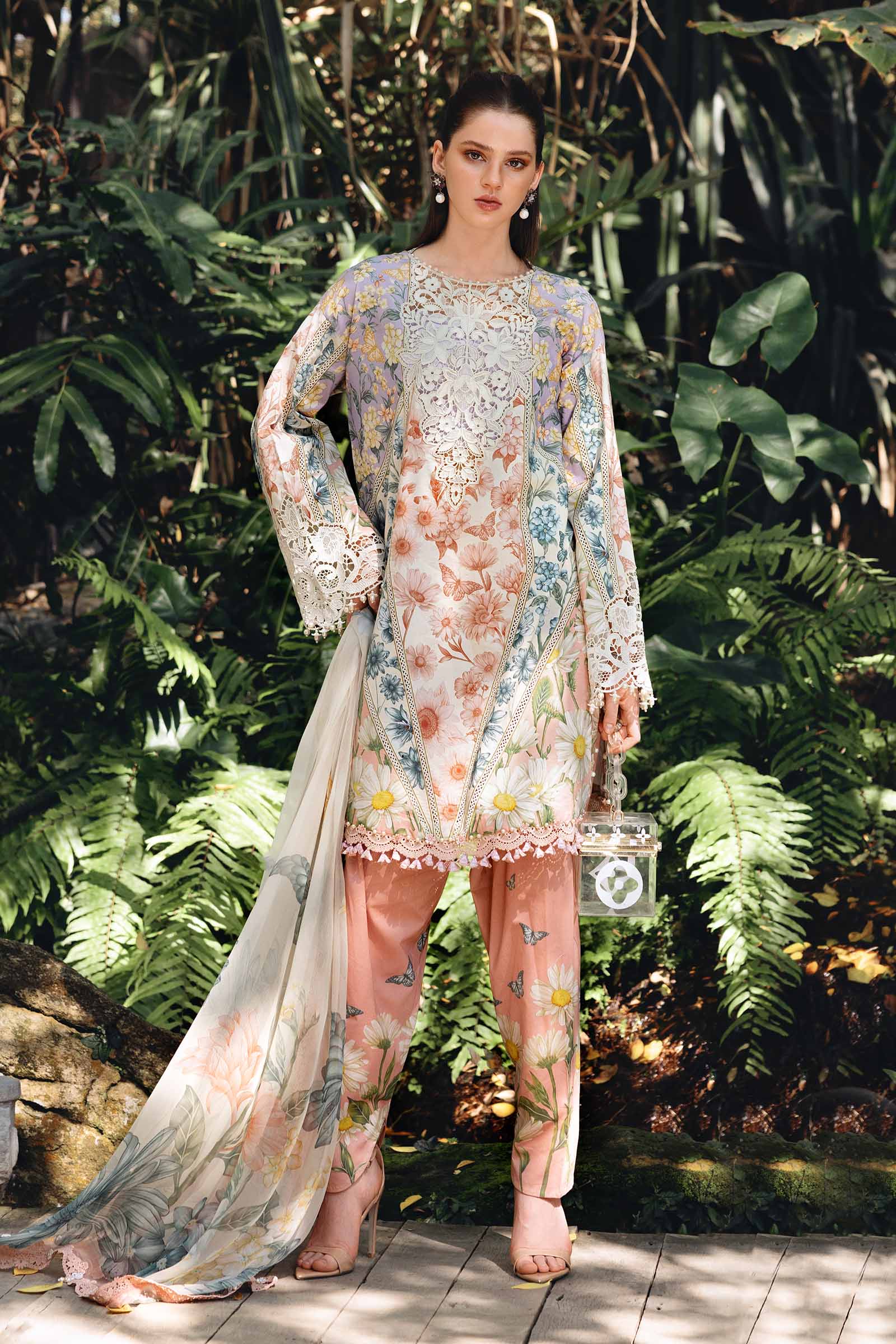 Women Wearing mpt-2910-b White and Peach short shirt with shalwar for Festive Events - Pakistani Designer Wear for Women in UK | Kifat
