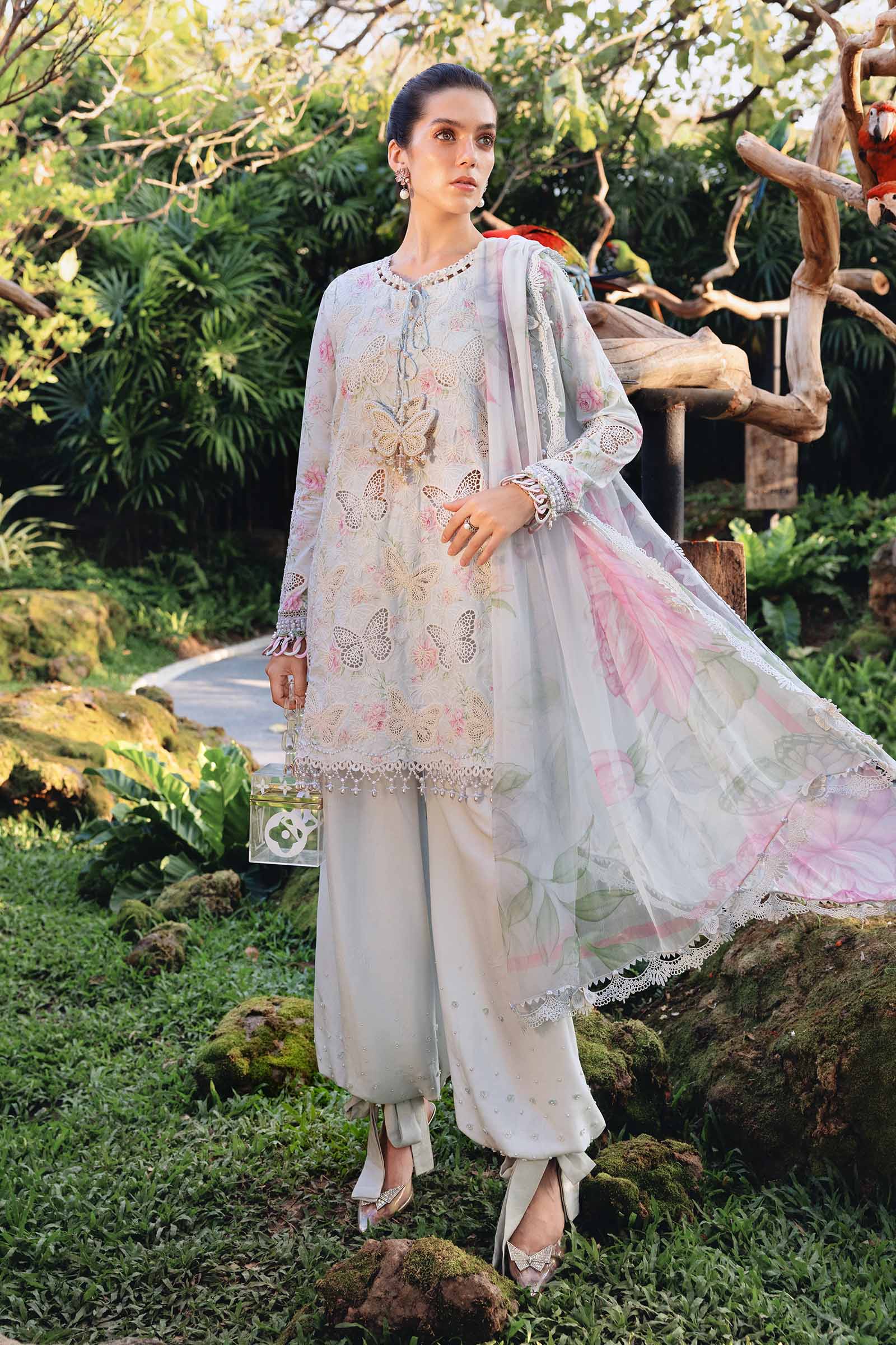 Women Wearing mpt-2901-a Sky Blue Short Shirt with Shalwar for Festive Events - Pakistani Designer Wear for Women in UK | Kifat