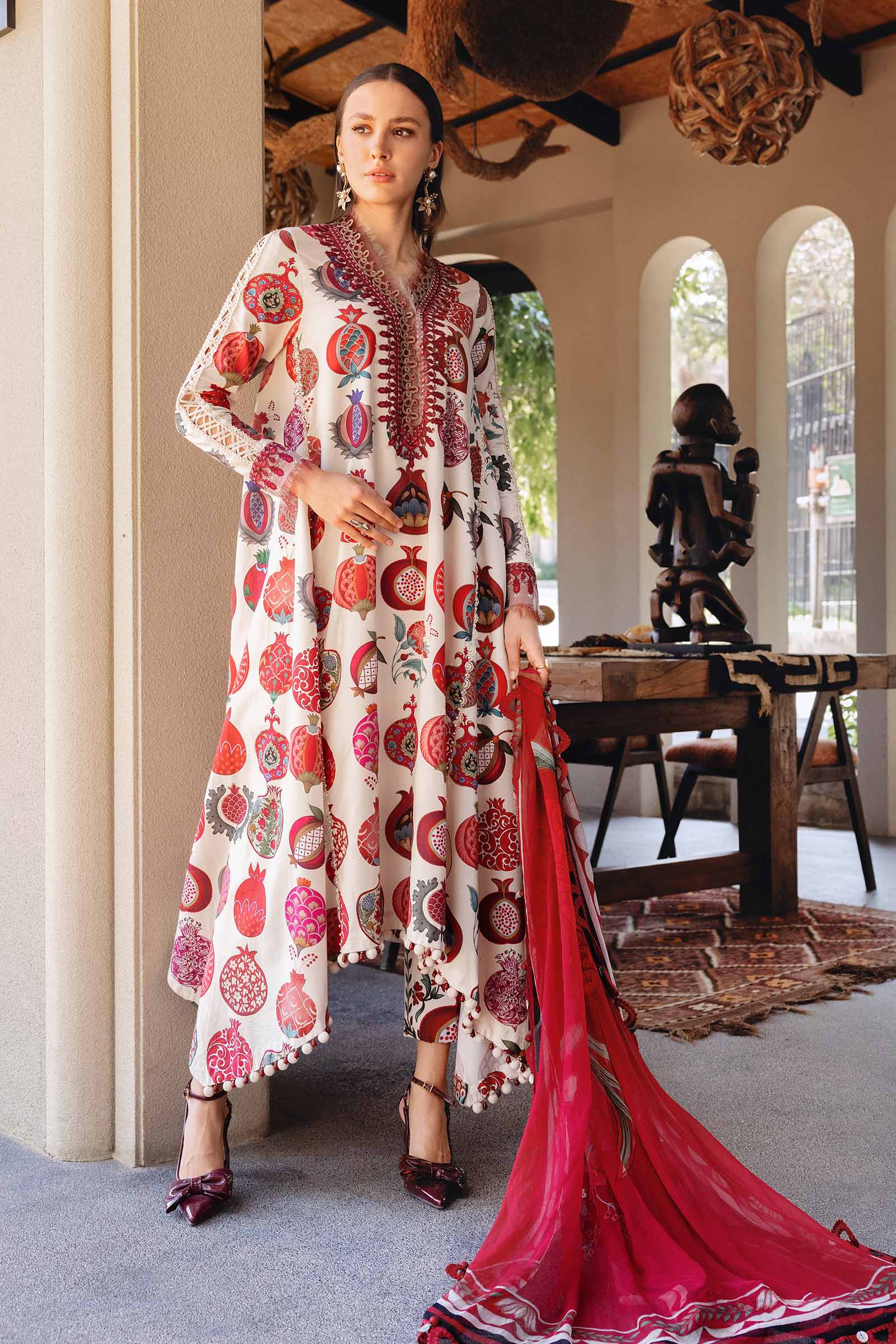 Women Wearing mpt-2903-a Off White A Line Shirt with Pants for Festive Events - Pakistani Designer Wear for Women in UK | Kifat