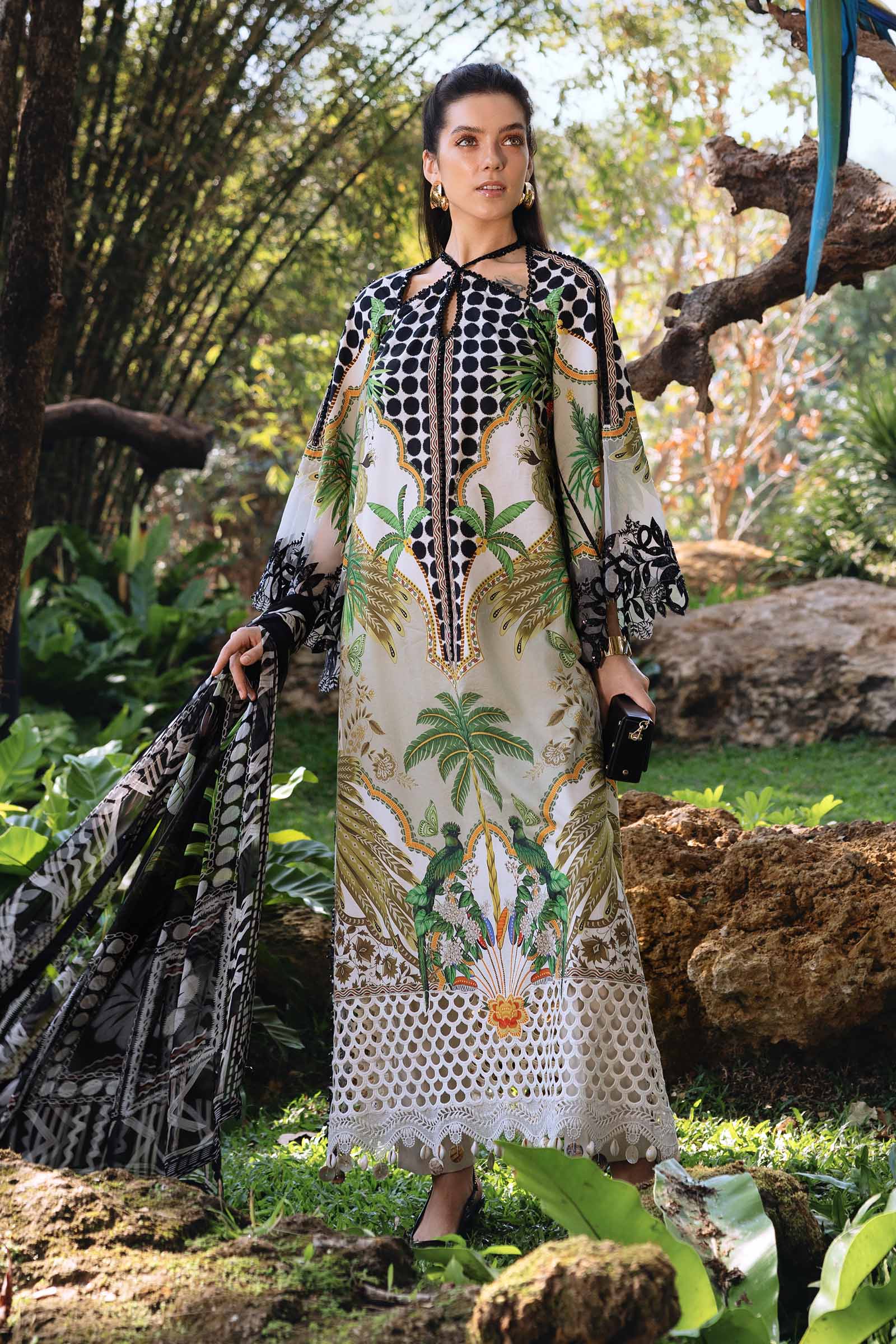 Women Wearing mpt-2905-a Off White and Coffee Long Shirt with Pants for Festive Events - Pakistani Designer Wear for Women in UK | Kifat