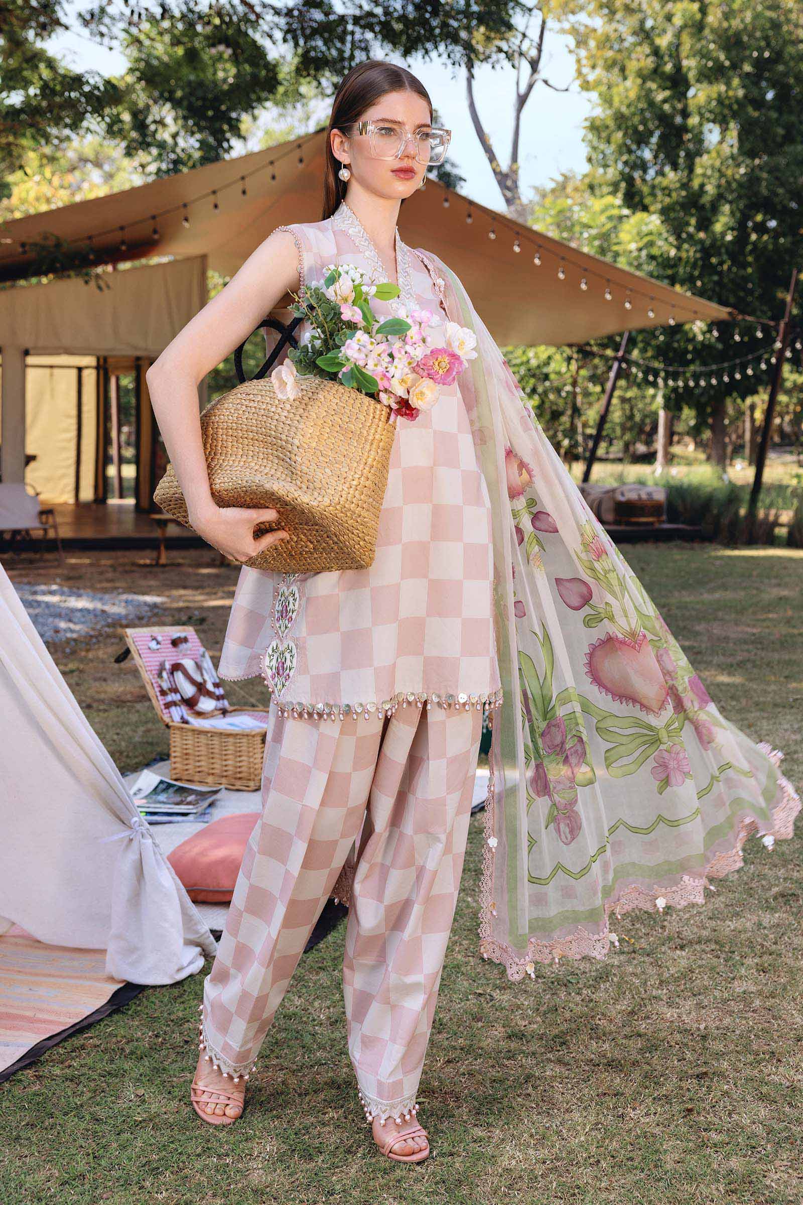 Women Wearing mpt-2906-a Off White and Pink Short shirt with shalwar for Festive Events - Pakistani Designer Wear for Women in UK | Kifat