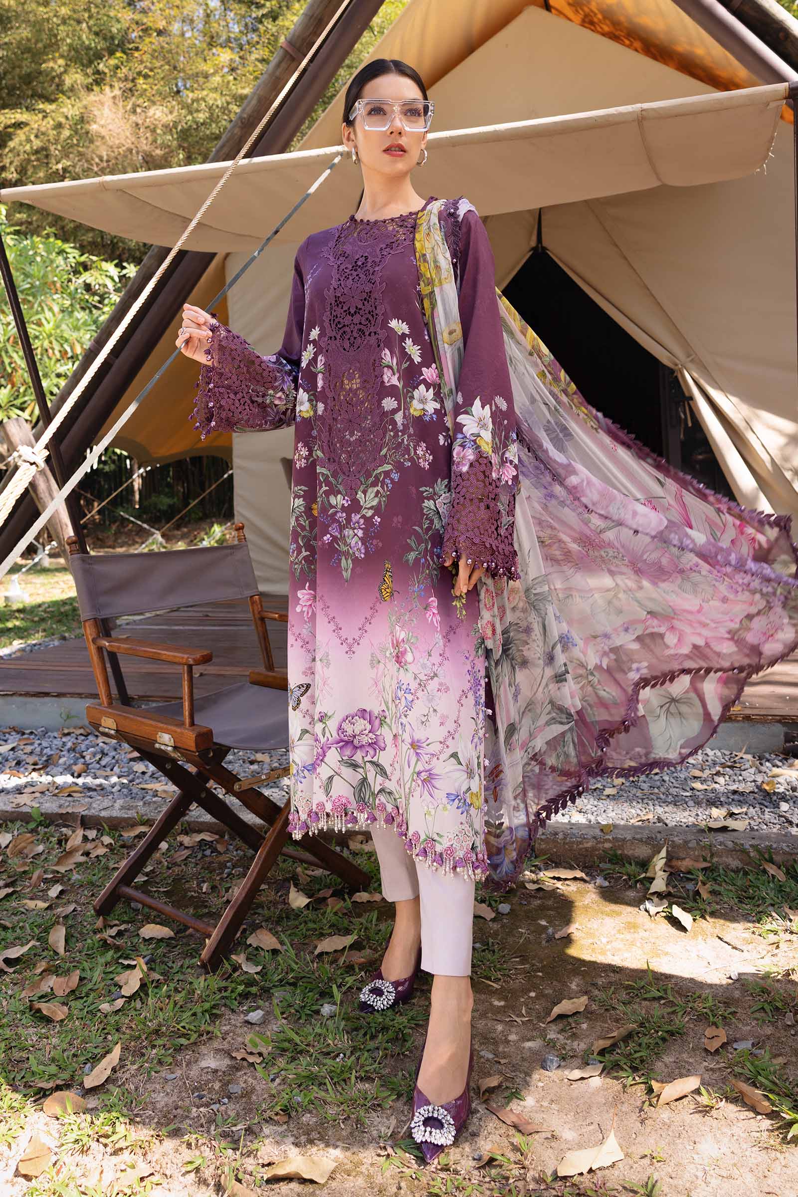 Women Wearing mpt-2909-b Plum Long shirt with pants for Festive Events - Pakistani Designer Wear for Women in UK | Kifat