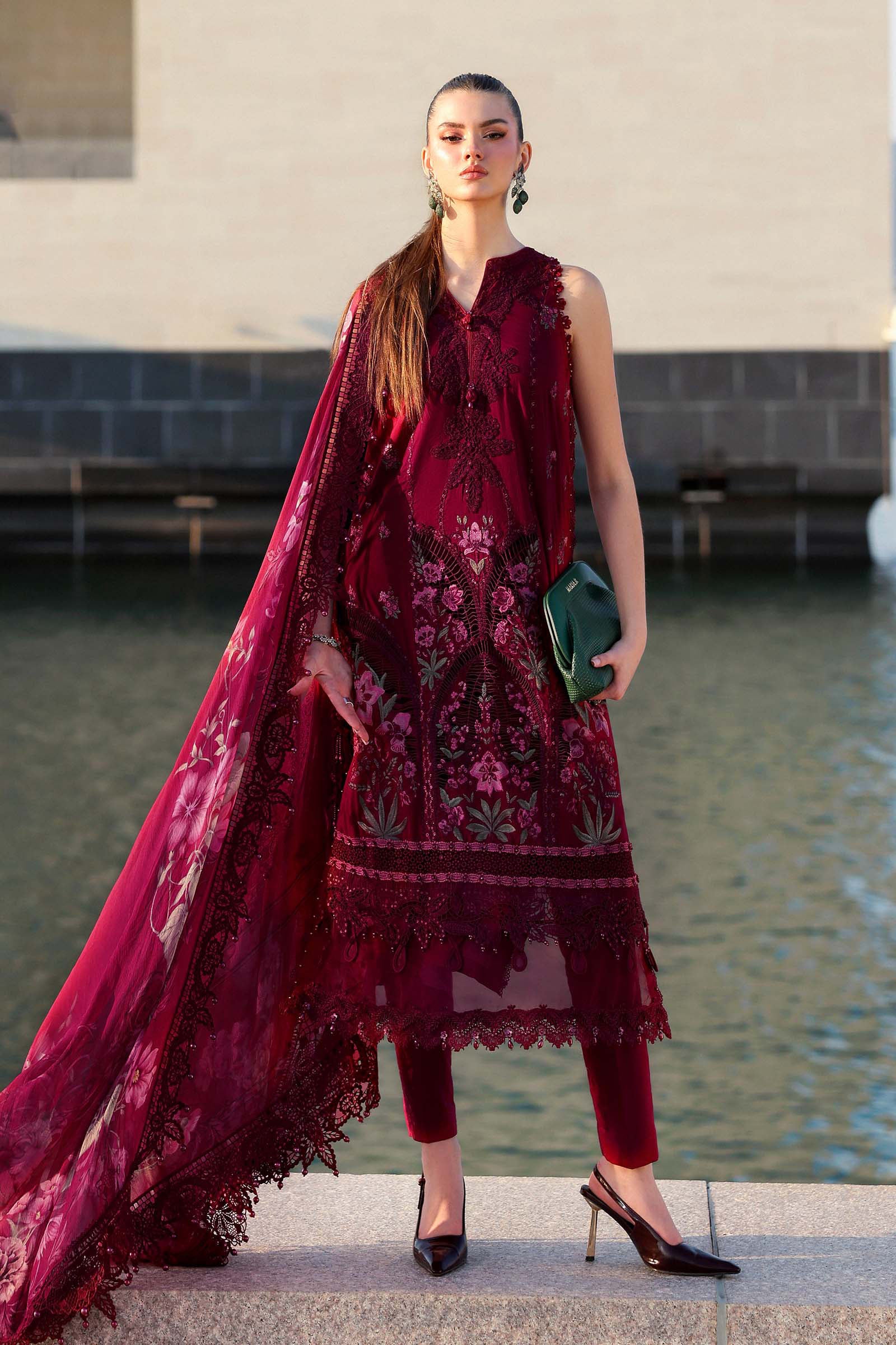 Women Wearing D-2611-B Maroon Long Shirt For Luxury Events - Pakistani Designer Wear For Women In UK | Kifat