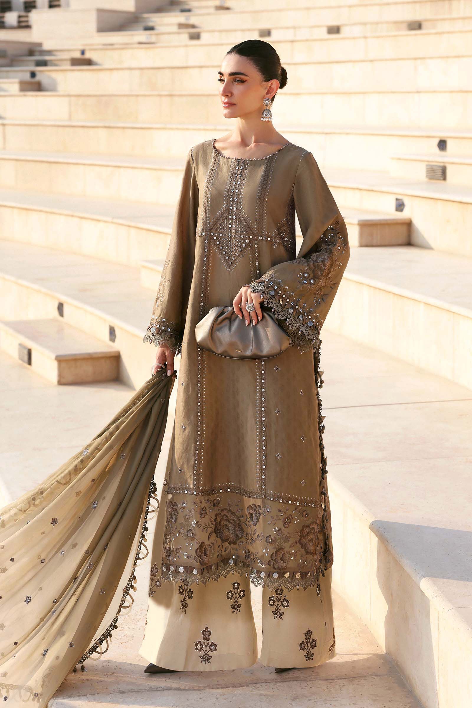 Women Wearing D-2602-A Olive Green Long Shirt For Luxury Events - Pakistani Designer Wear For Women In UK | Kifat