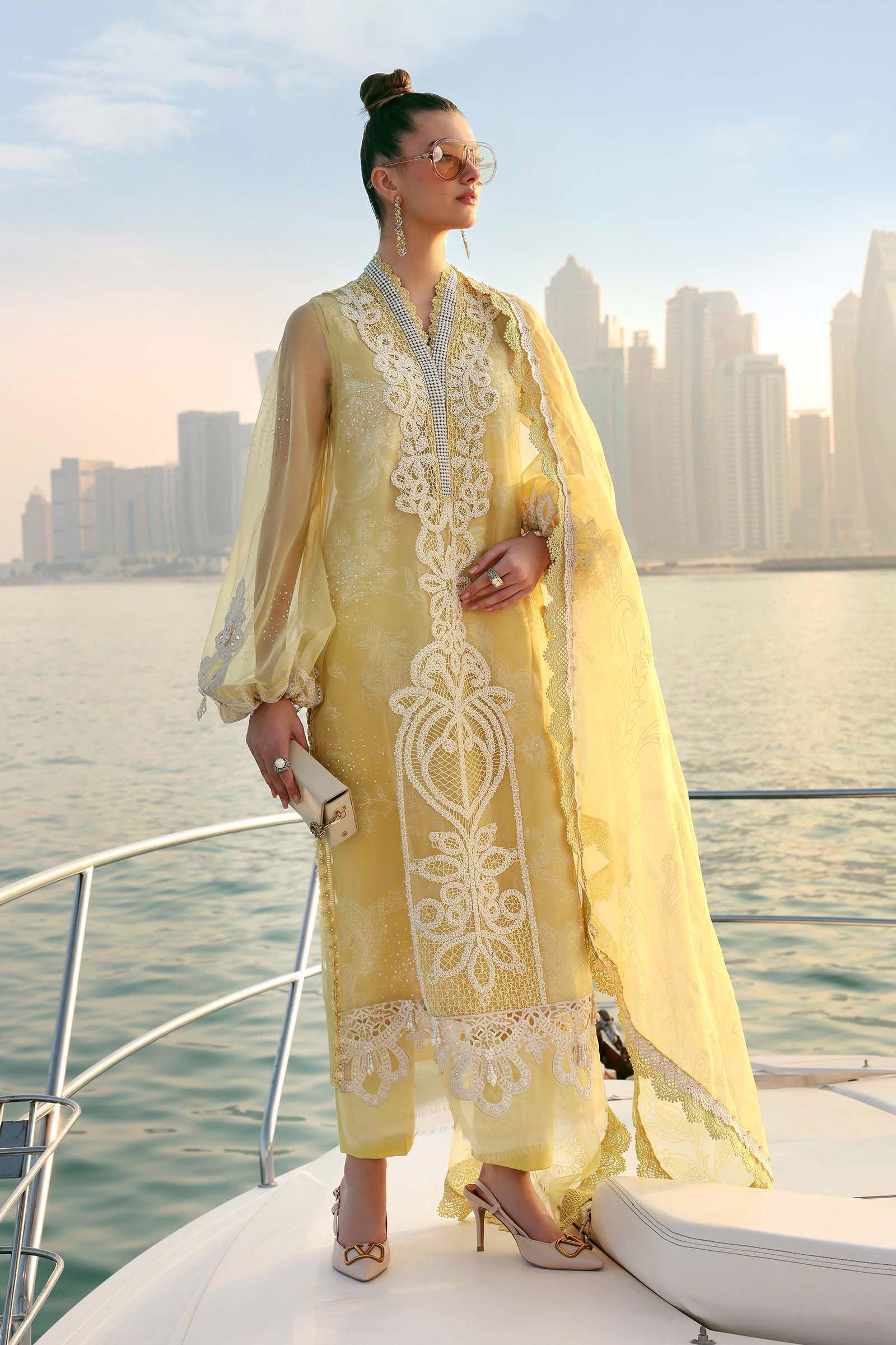 Women Wearing D-2604-A Pale Yellow Long Shirt For Luxury Events - Pakistani Designer Wear For Women In UK | Kifat