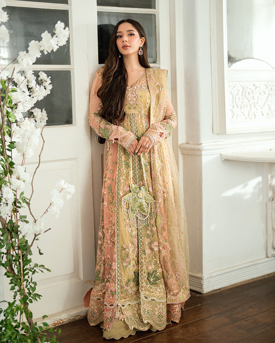 Women Wearing Sur Sunehri Lime yellow Front Open Long Shirt for Festive Events - Pakistani Designer Wear for Women in UK | Kifat