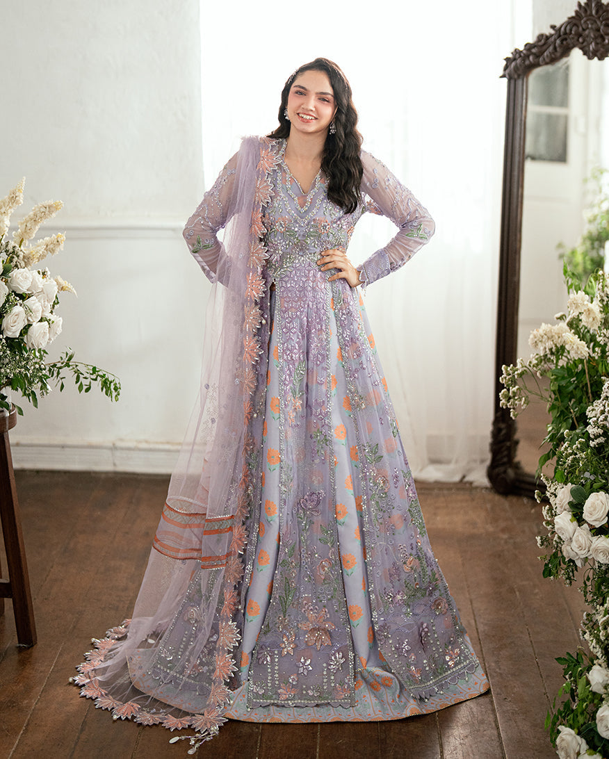 Women Wearing Rangeela Raag Lavender Front Open Long Shirt for Festive Events - Pakistani Designer Wear for Women in UK | Kifat