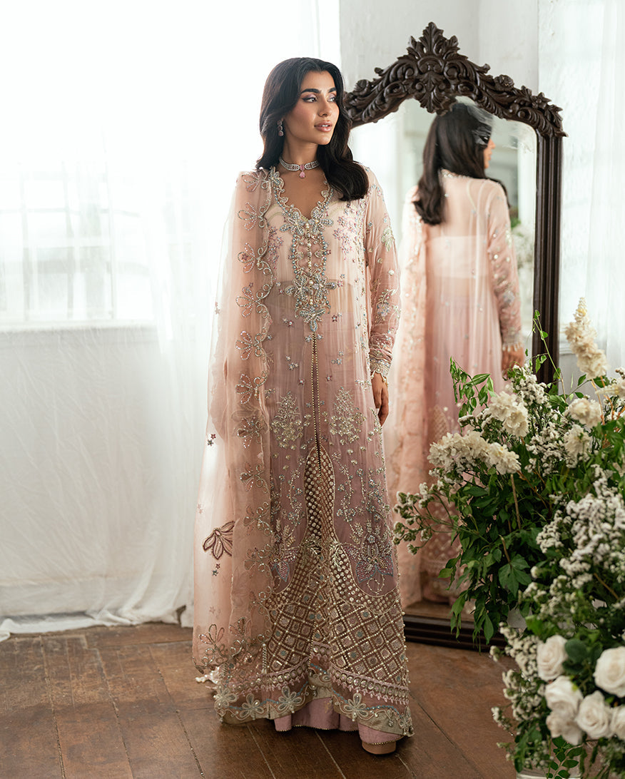Women Wearing Shehnai Pink Long Shirt for Festive Events - Pakistani Designer Wear for Women in UK | Kifat