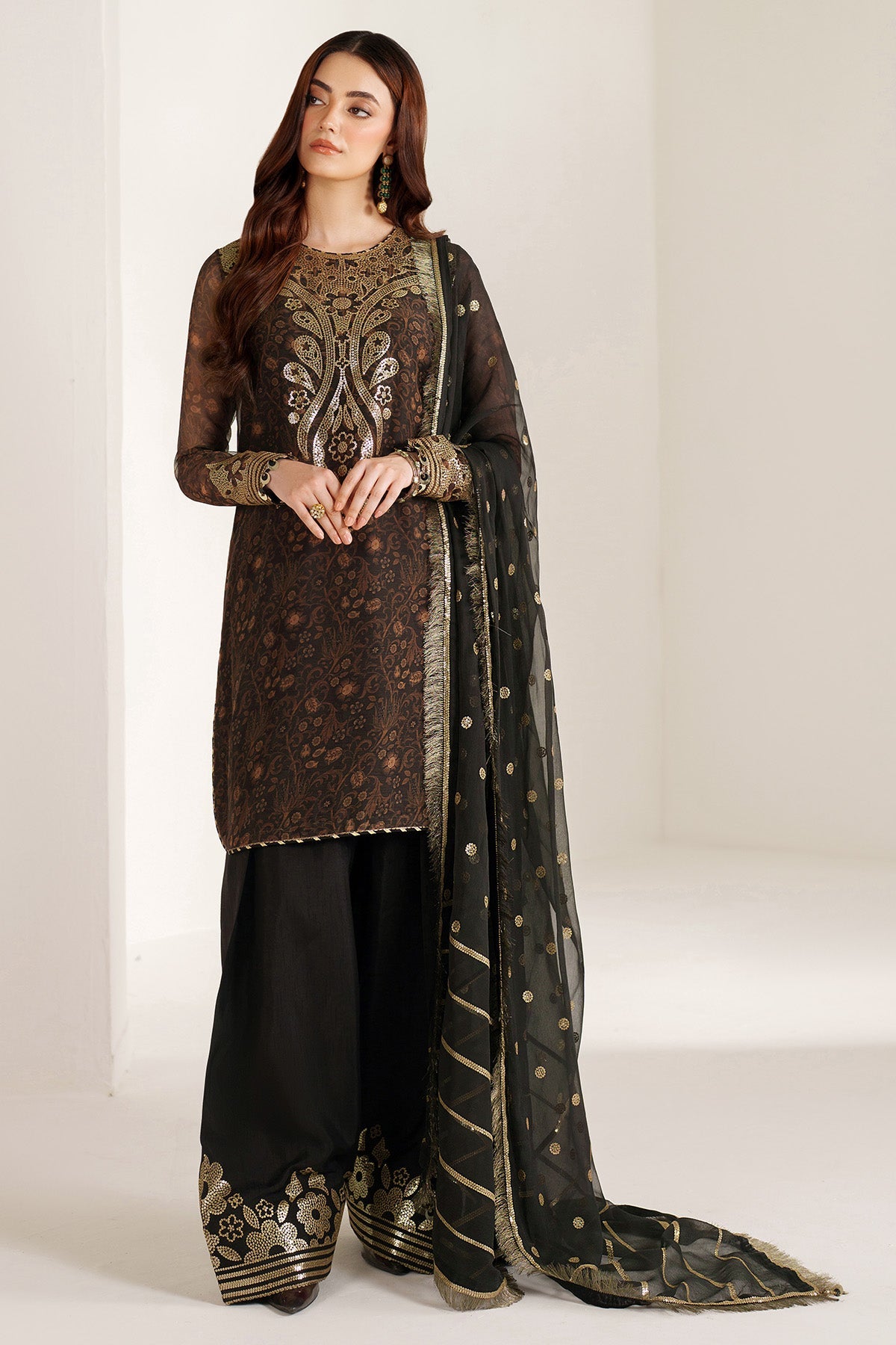 Women Wearing EMBROIDERED CHIFFON UC-3109 Brown Short Shirt for Wedding Events - Pakistani Designer Wear for Women in UK | Kifat