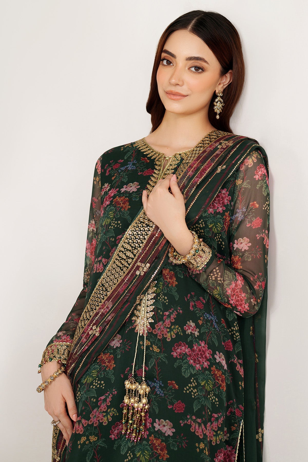 Women Wearing EMBROIDERED CHIFFON UC-3104 Green Short Shirt for Wedding Events - Pakistani Designer Wear for Women in UK | Kifat