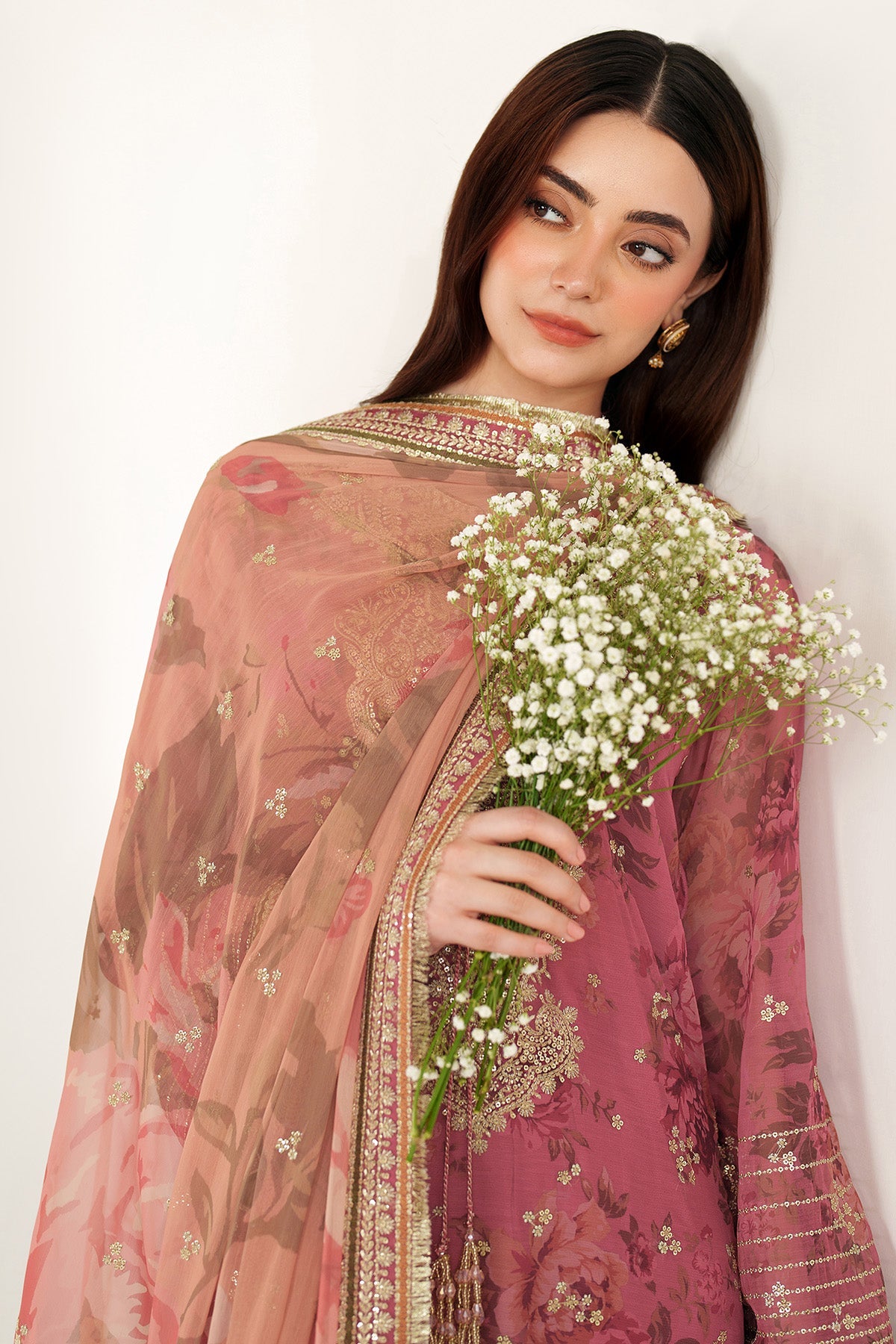 Women Wearing EMBROIDERED CHIFFON UC-3105 Pink Short Shirt for Wedding Events - Pakistani Designer Wear for Women in UK | Kifat
