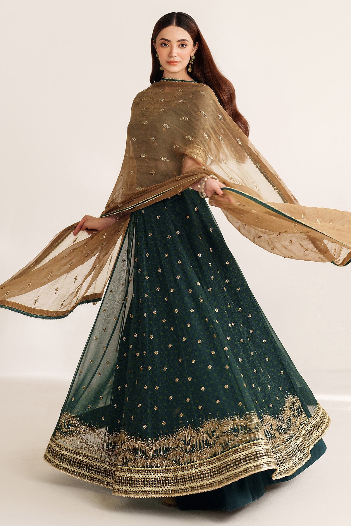 Women Wearing EMBROIDERED CHIFFON UC-3102 Green Frock for Wedding Events - Pakistani Designer Wear for Women in UK | Kifat