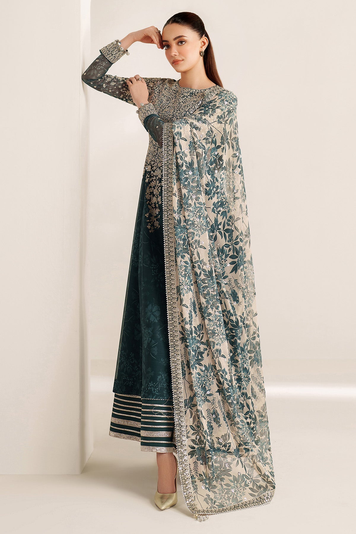 Women Wearing EMBROIDERED CHIFFON UC-3108 Sea Green Frock for Wedding Events - Pakistani Designer Wear for Women in UK | Kifat