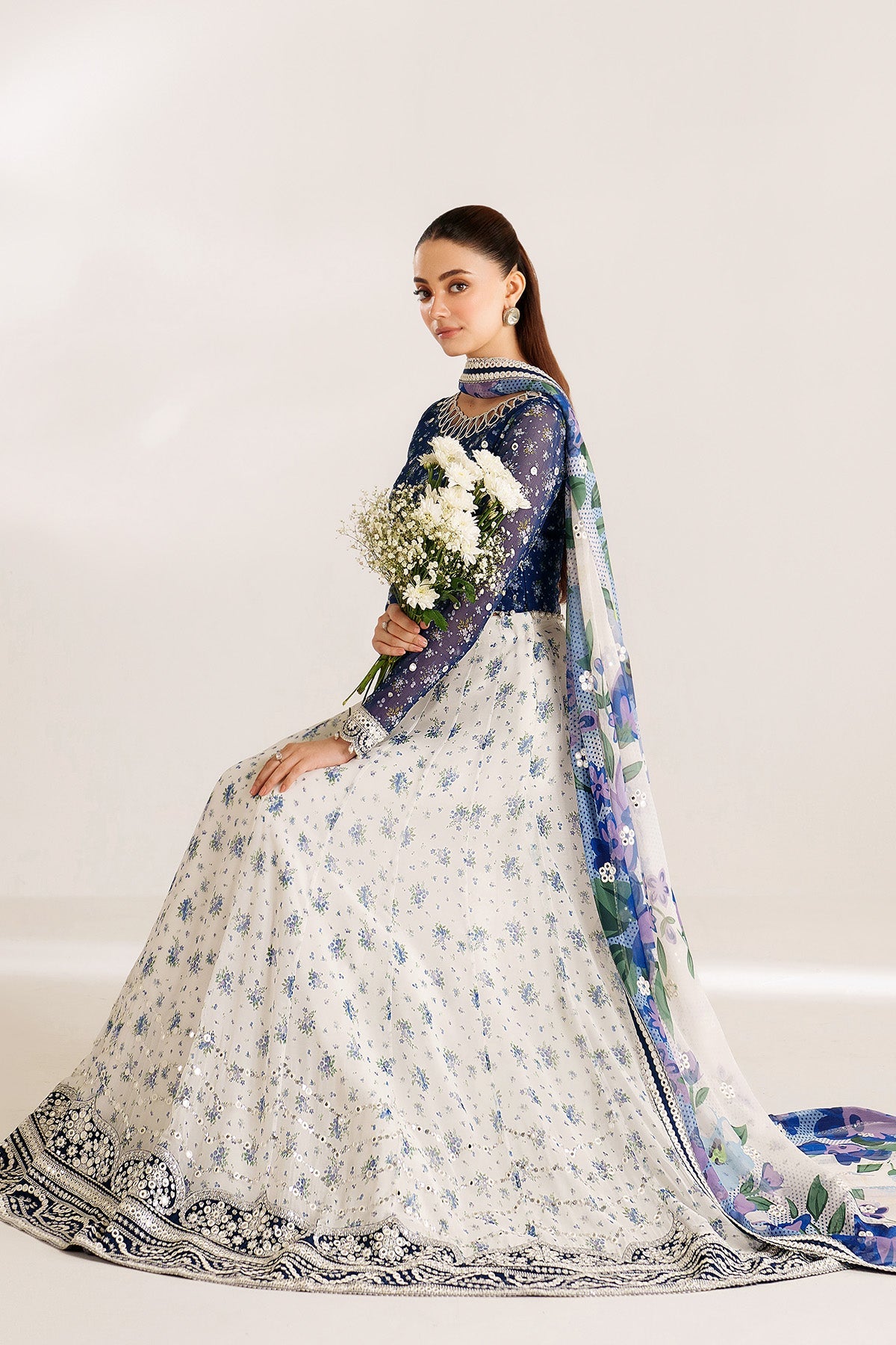 Women Wearing EMBROIDERED CHIFFON UC-3106 White Blue Frock for Wedding Events - Pakistani Designer Wear for Women in UK | Kifat