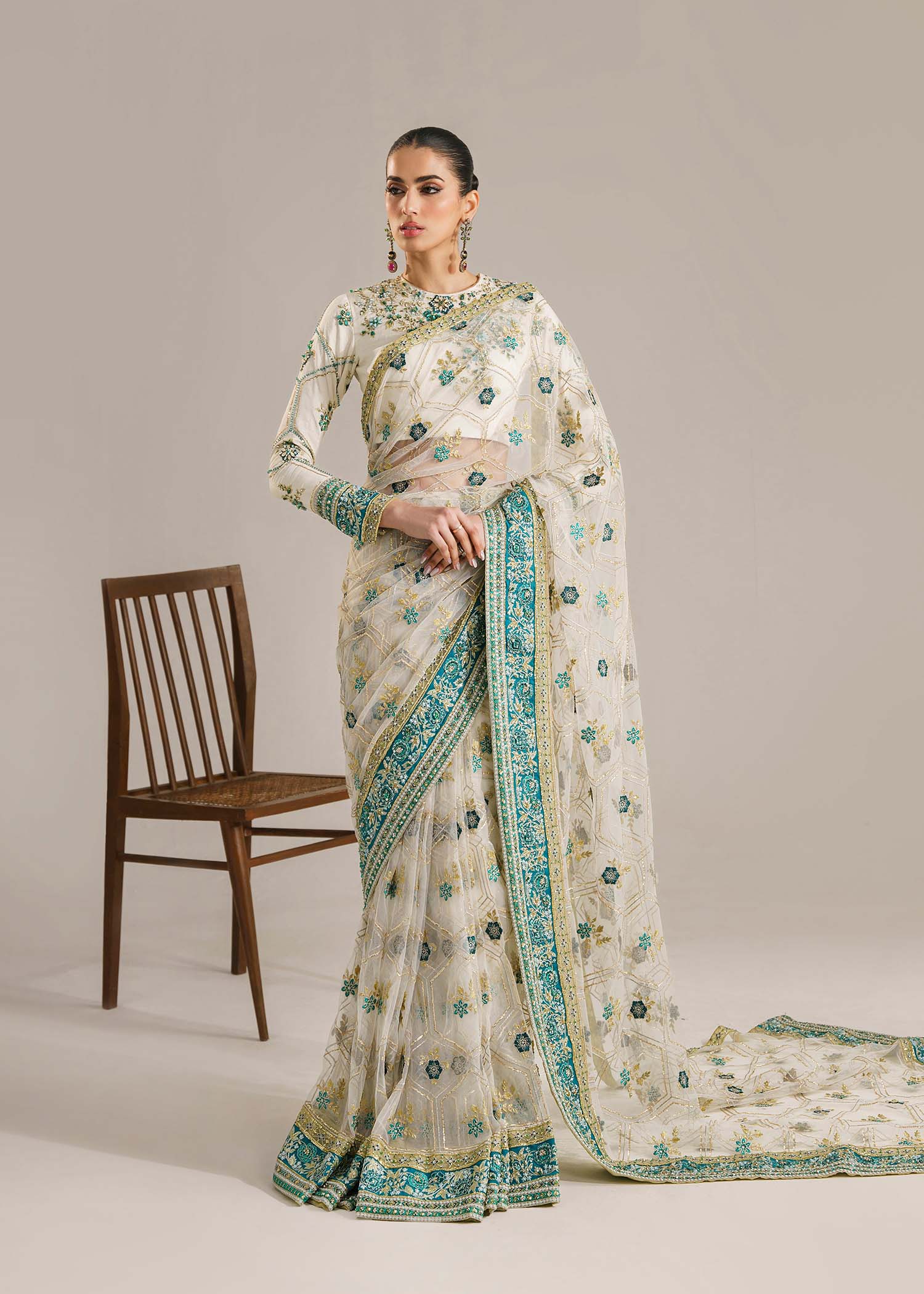 Women Wearing Atika White Saree For Formals Events - Pakistani Designer Wear For Women In UK | Kifat