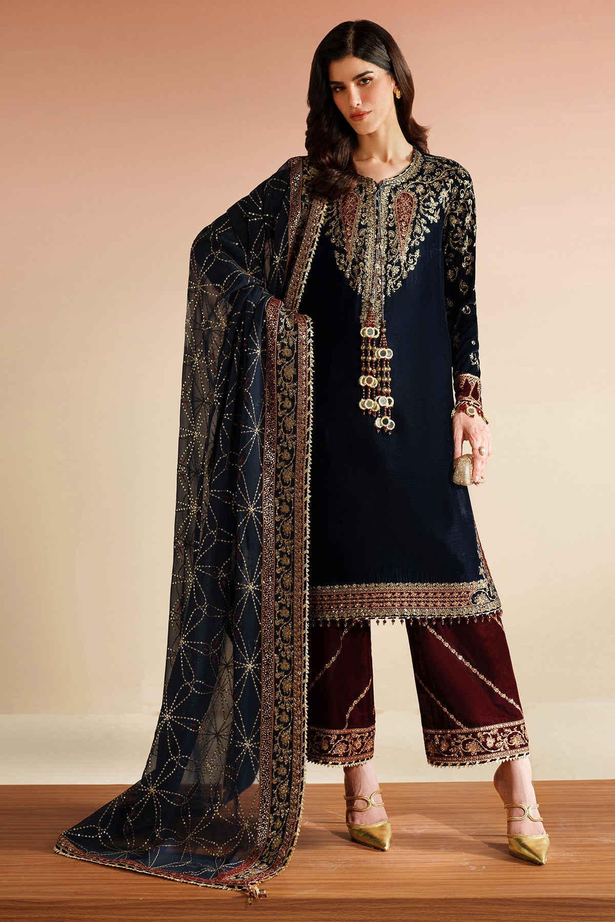 Women Wearing Embroidered Velvet Formal VVF D-7 Blue Red Long Shirt for Wedding Events - Pakistani Designer Wear for Women in UK | Kifat