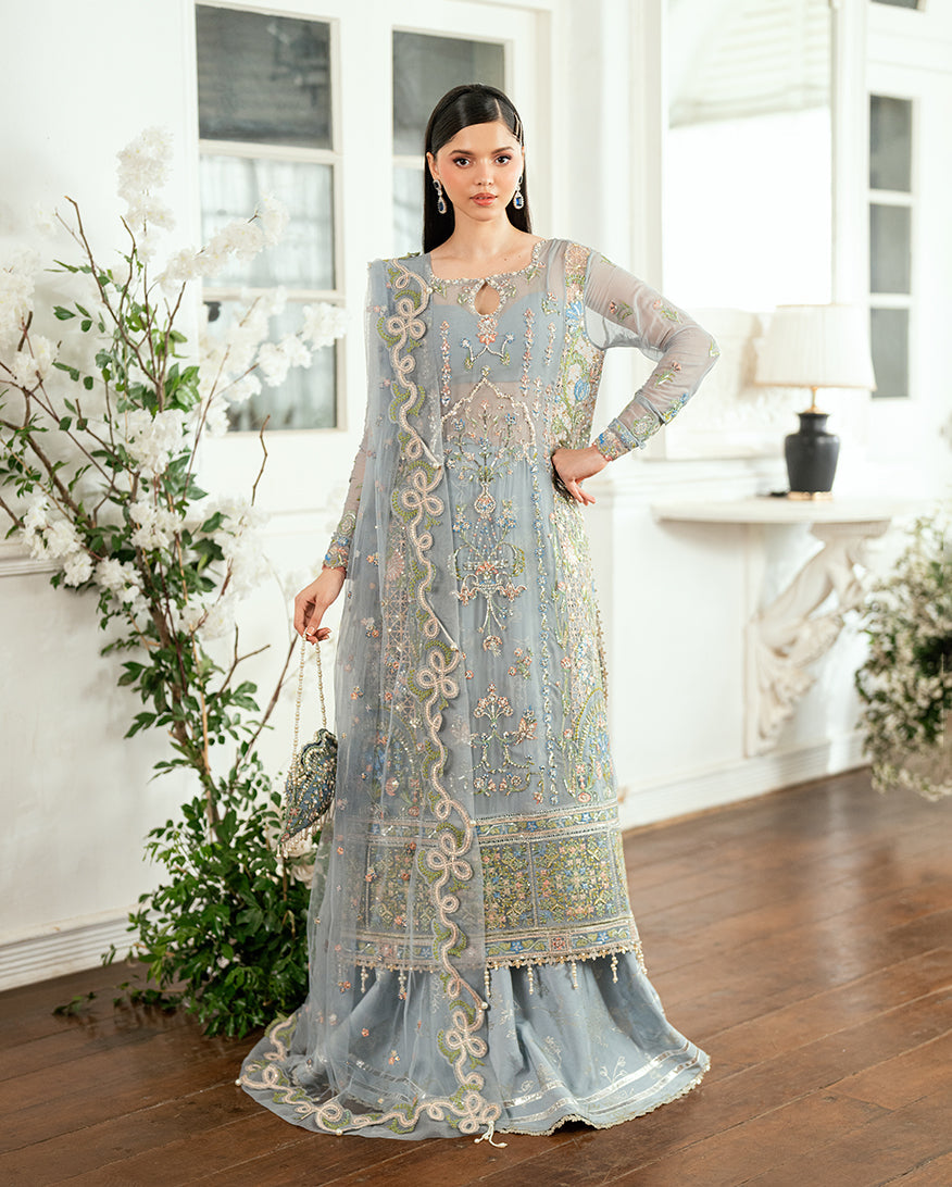 Women Wearing Jashn e Jahanara Ice Blue Long Shirt with Sharara for Festive Events - Pakistani Designer Wear for Women in UK | Kifat