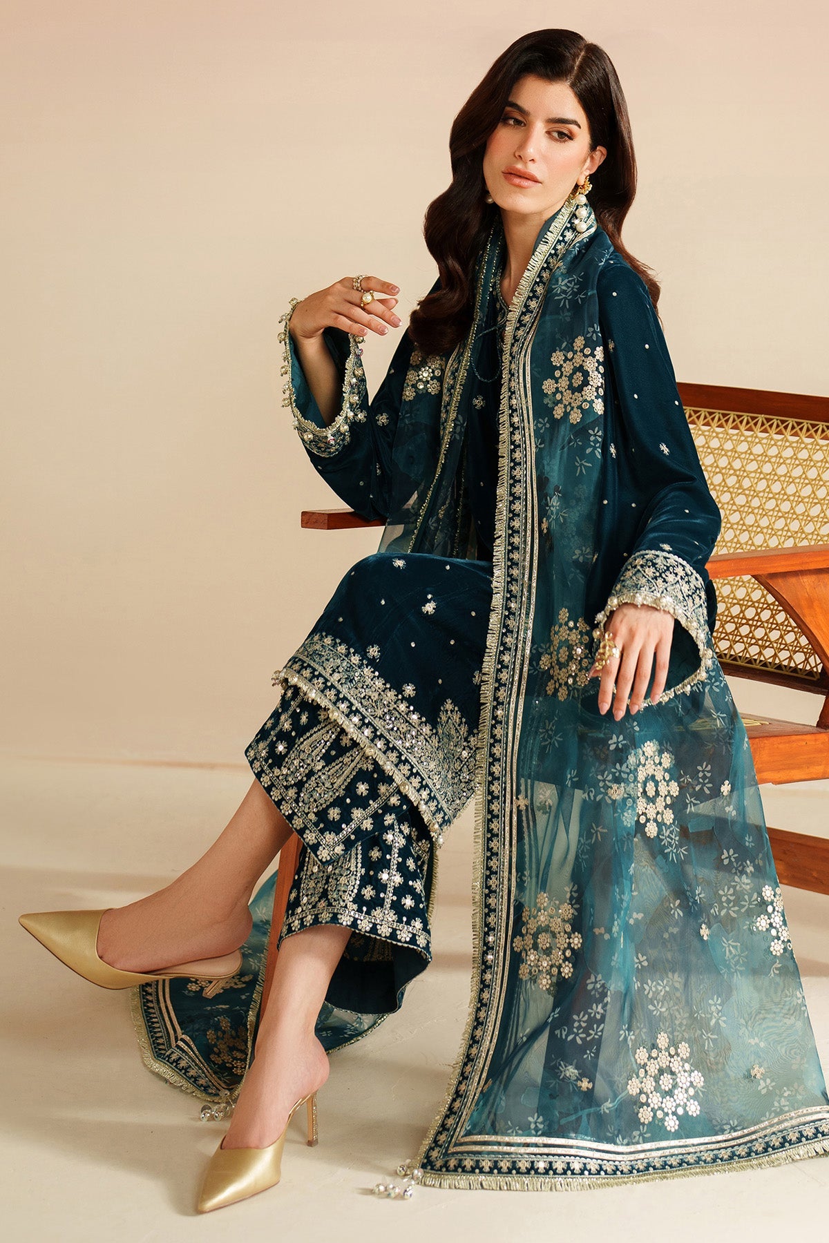 Women Wearing Embroidered Velvet Formal VVF D-2 Teal Long Shirt for Wedding Events - Pakistani Designer Wear for Women in UK | Kifat
