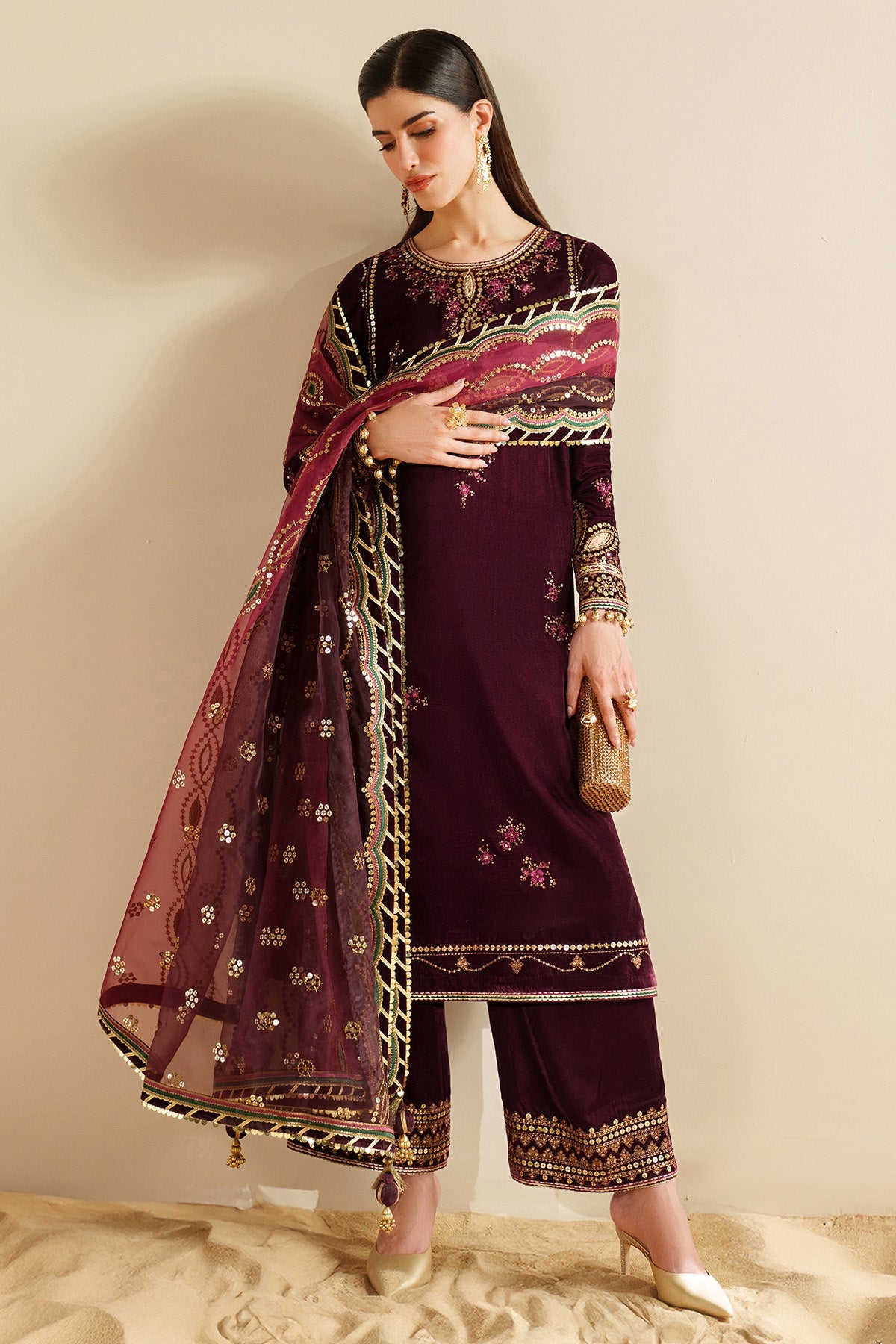Women Wearing Embroidered Velvet Formal VVF D-4 Plum Long Shirt for Wedding Events - Pakistani Designer Wear for Women in UK | Kifat