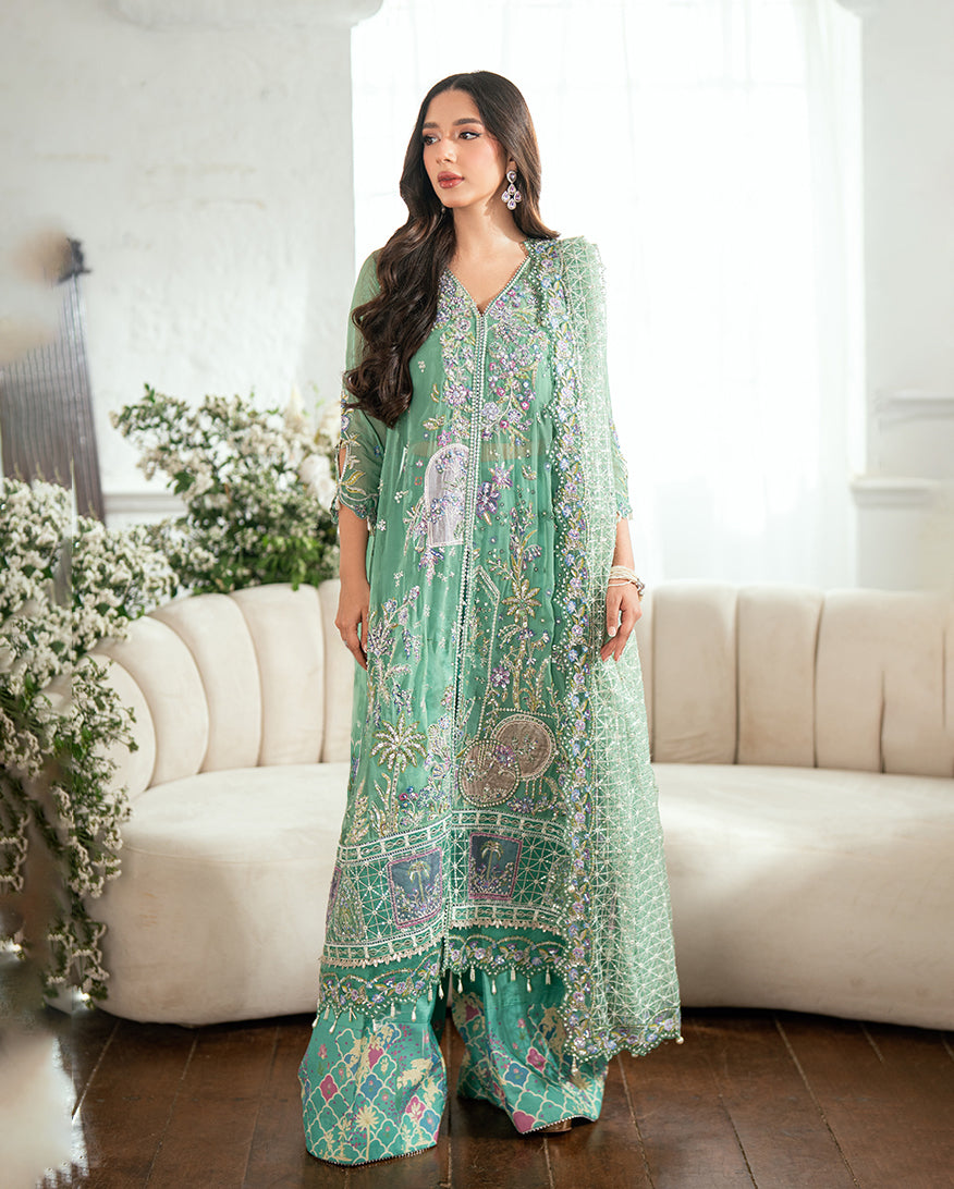 Women Wearing Adaa Sea Green Long Front Open Shirt for Festive Events - Pakistani Designer Wear for Women in UK | Kifat