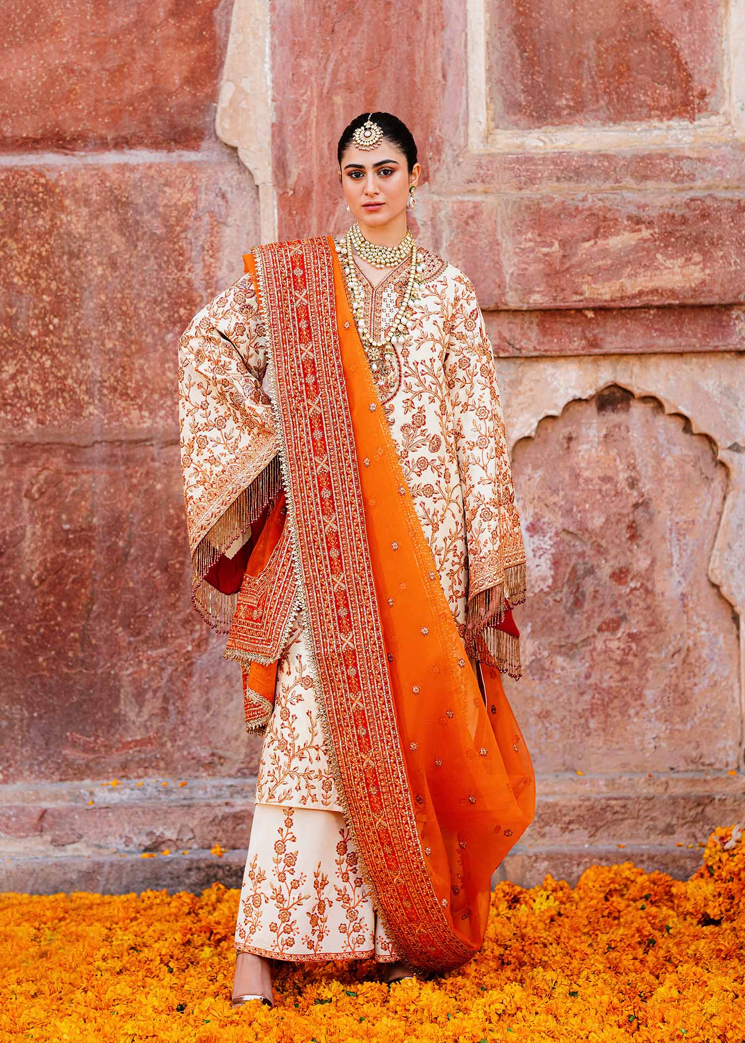 Women Wearing Zartaj White Orange Long Shirt For Formals Events - Pakistani Designer Wear For Women In UK | Kifat