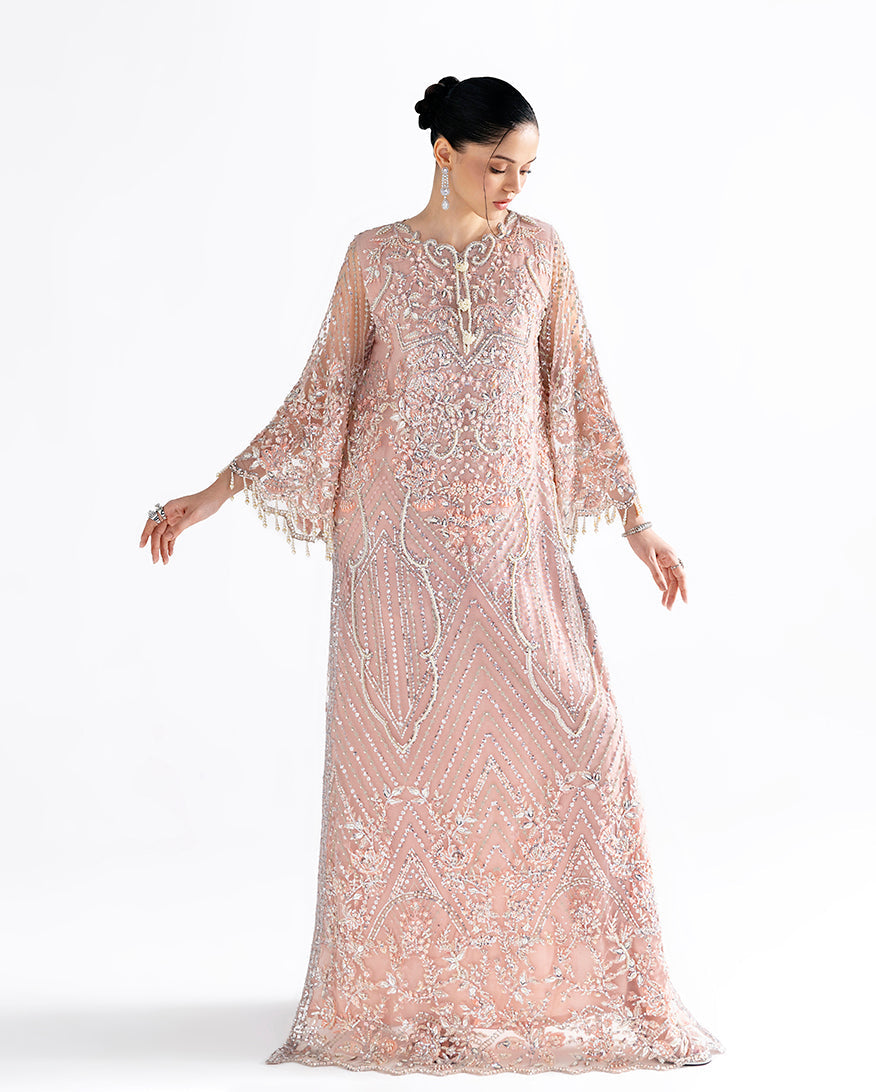 Women Wearing Daphne Peach Long Shirt for Festive Events - Pakistani Designer Wear for Women in UK | Kifat