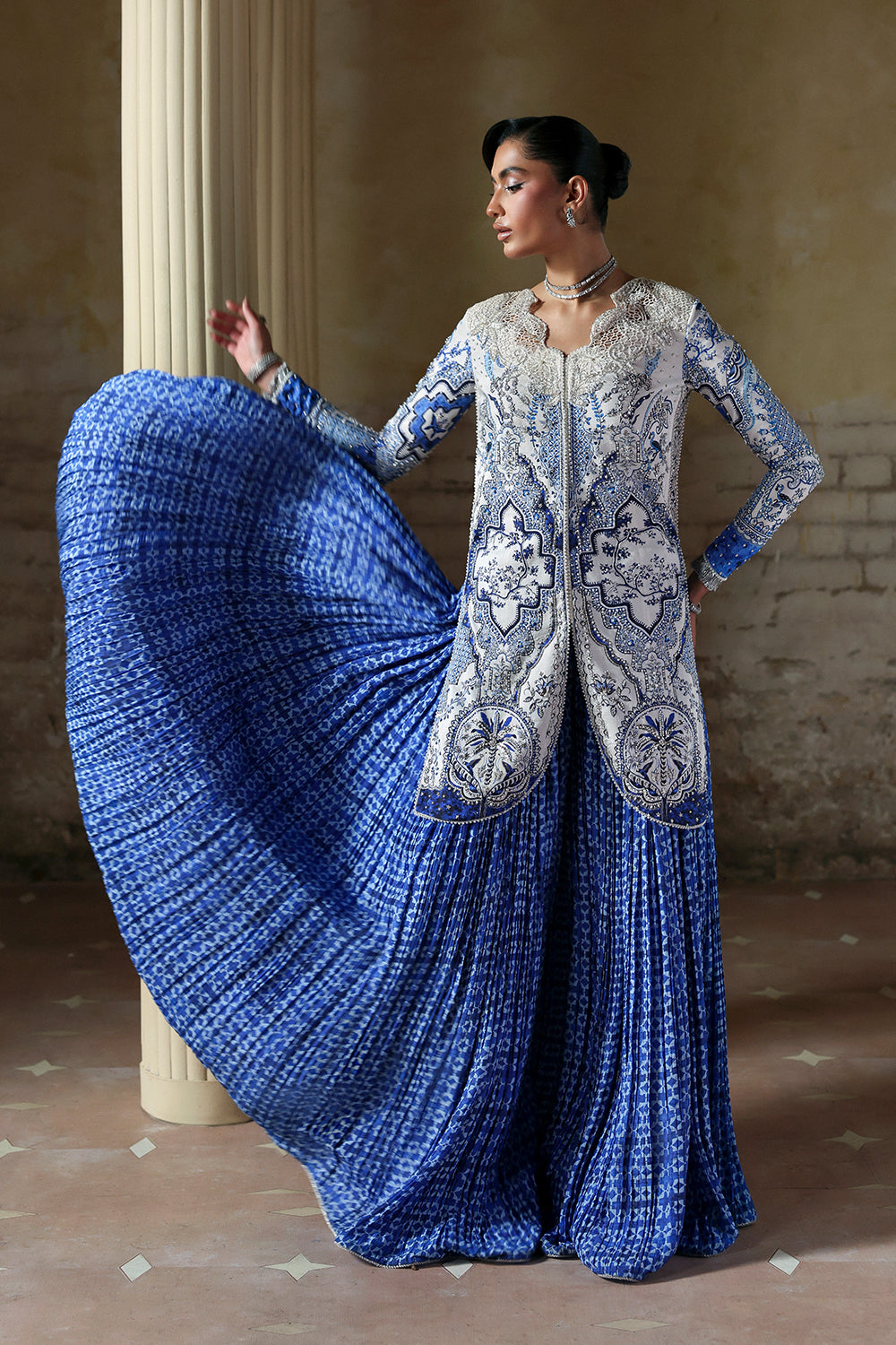 Soraya Evadia White Blue Short Shirt with Crushed Sharara for Wedding Wear, Guest of Wedding Wear - Pakistani Designer Wear for Women in UK | Kifat