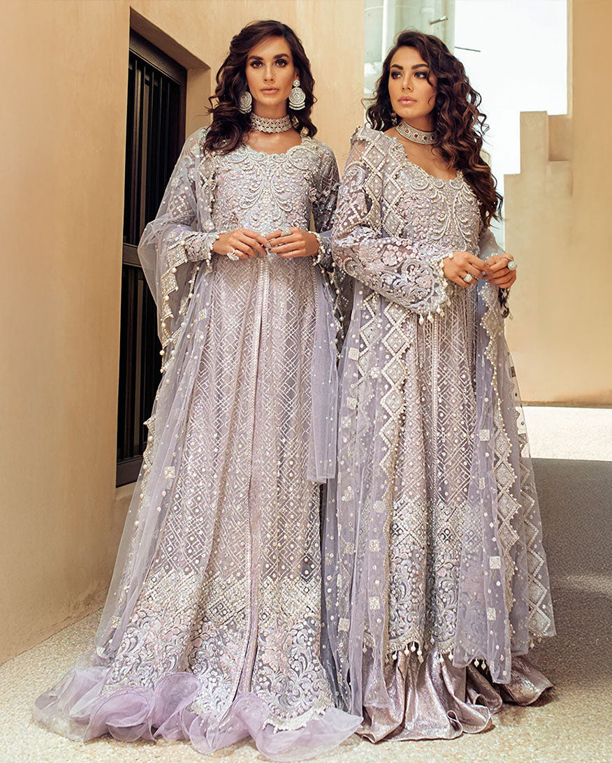 Women Wearing Evening Haze Lilac Peshwas for Wedding Events - Pakistani Designer Wear for Women in UK | Kifat