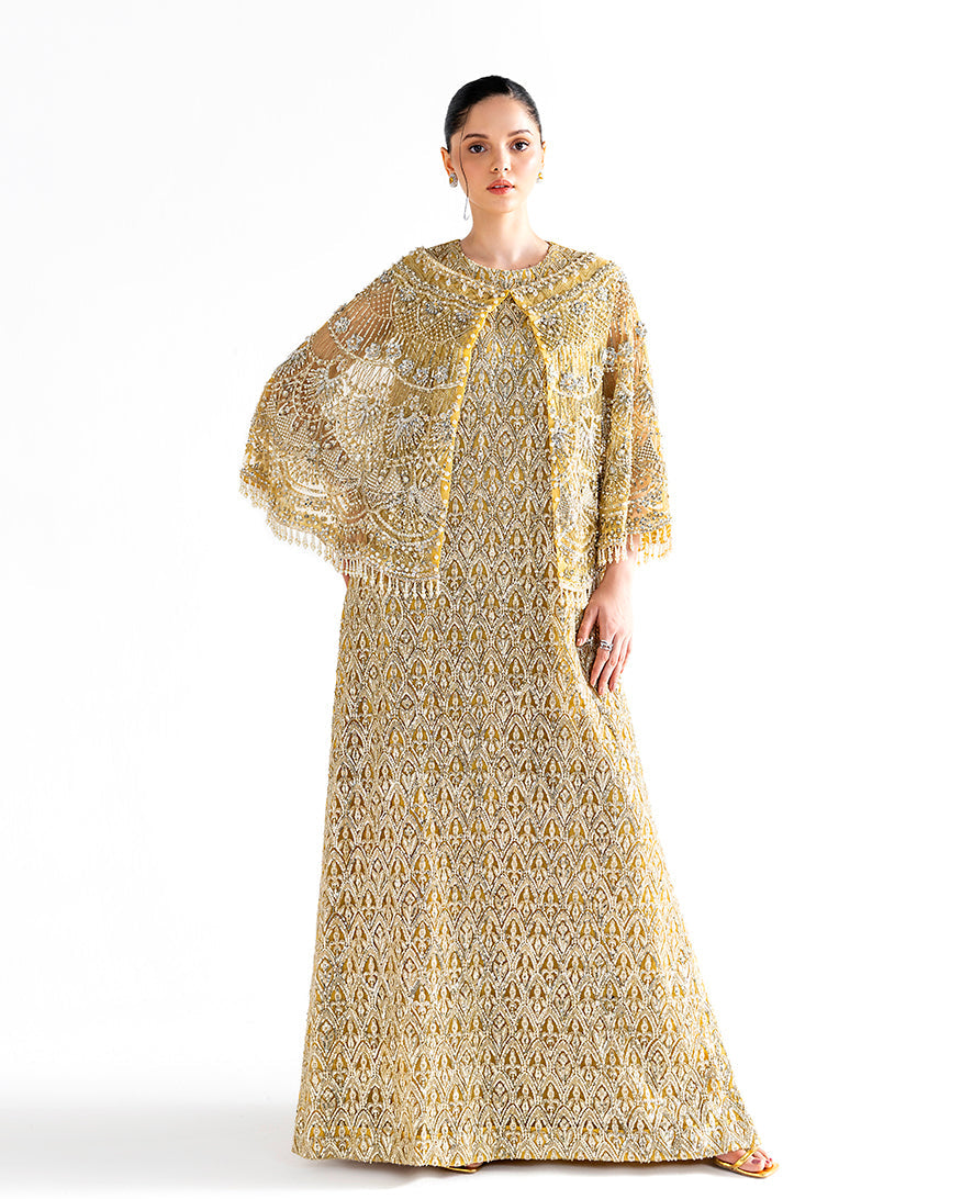 Women Wearing Flavia Gold Long Shirt for Festive Events - Pakistani Designer Wear for Women in UK | Kifat