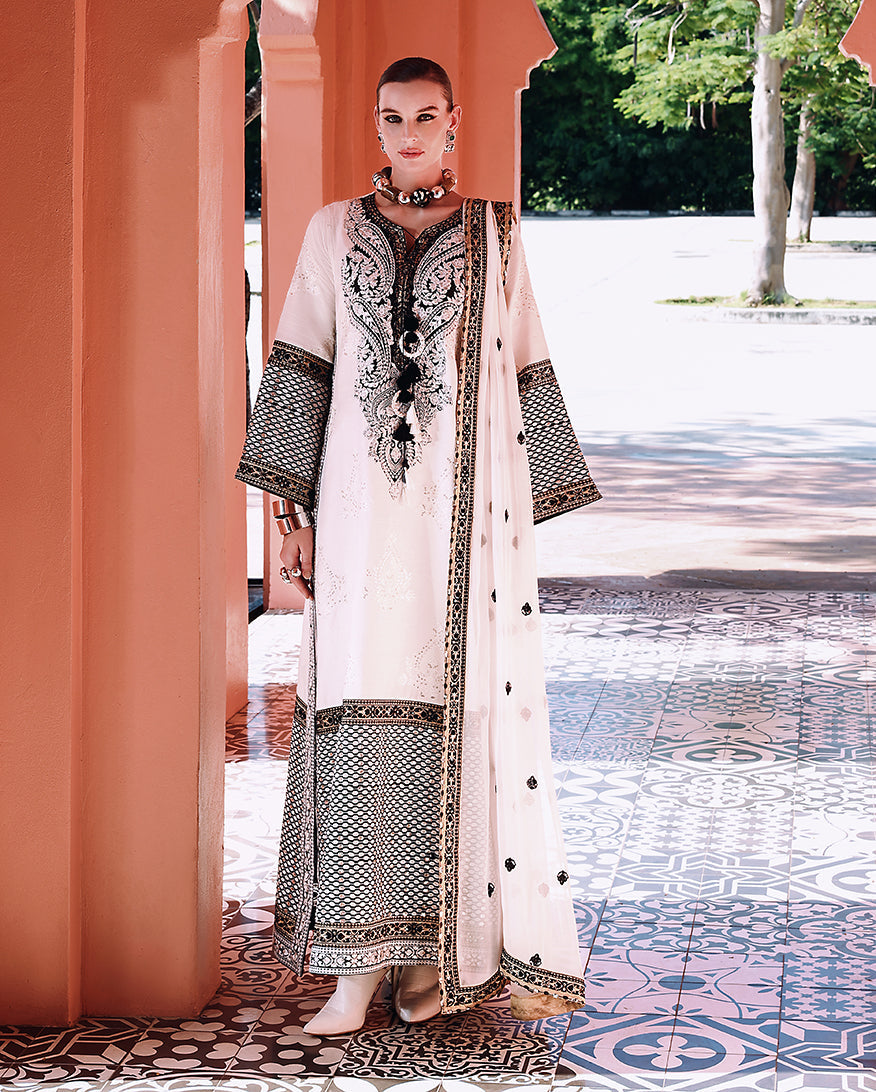 Women Wearing Gillian White Long Shirt for Festive Events - Pakistani Designer Wear for Women in UK | Kifat
