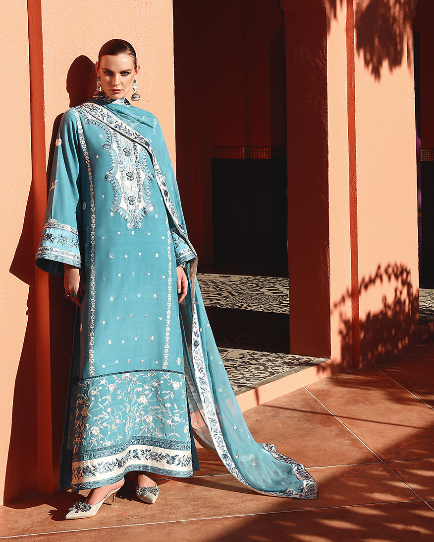 Women Wearing Glinda Blue Long Shirt for Festive Events - Pakistani Designer Wear for Women in UK | Kifat