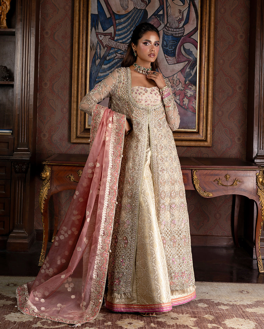 Women Wearing Jhilmil Gold Peshwas for Wedding Events - Pakistani Designer Wear for Women in UK | Kifat