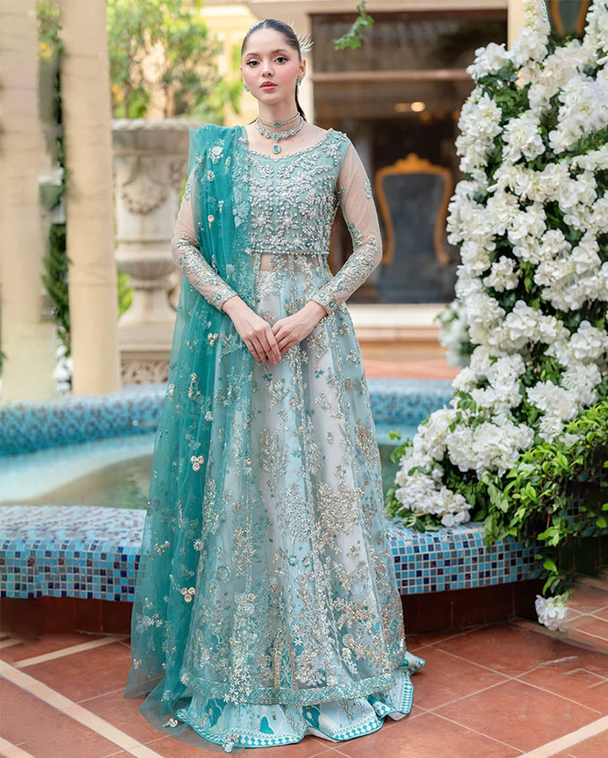 Women Wearing Kahani Aqua Long Shirt for Wedding Events - Pakistani Designer Wear for Women in UK | Kifat