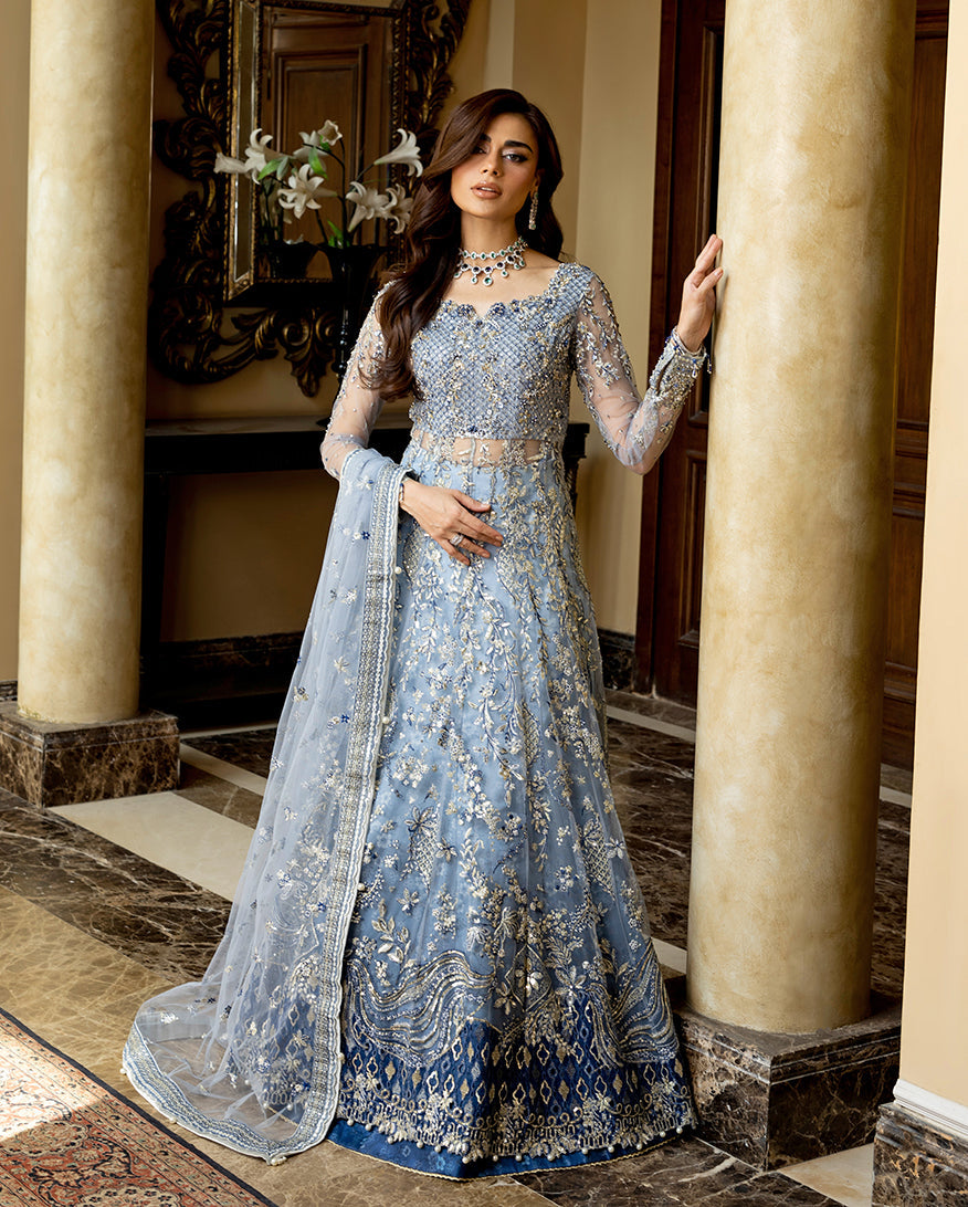 Women Wearing Kiara Ice Blue Peshwas for Wedding Events - Pakistani Designer Wear for Women in UK | Kifat