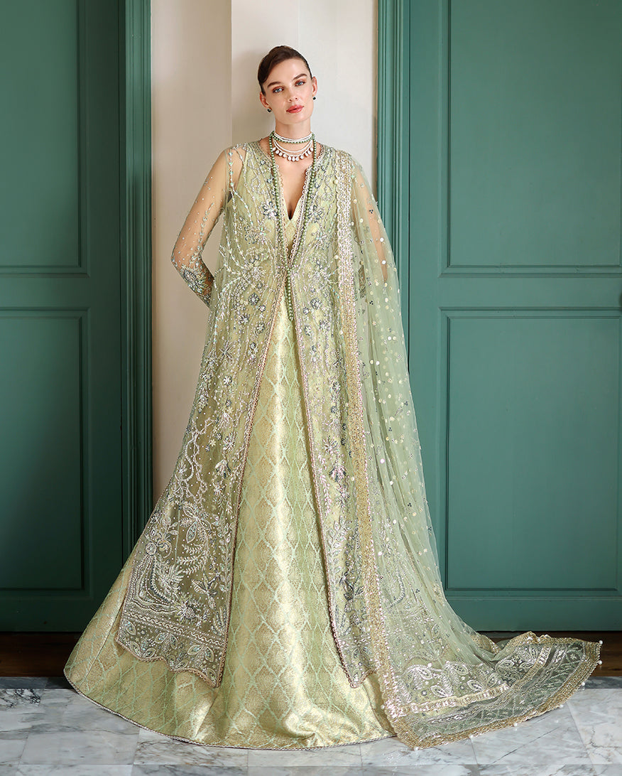 Women Wearing Lenora Light Green Front Open Long Shirt with Sharara for Wedding Events - Pakistani Designer Wear for Women in UK | Kifat