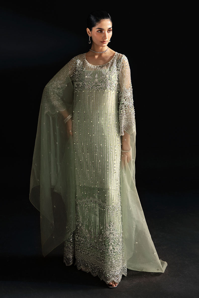 Women Wearing Ina Powder Green Long Shirt for Luxury Events - Pakistani Designer Wear for Women in UK | Kifat