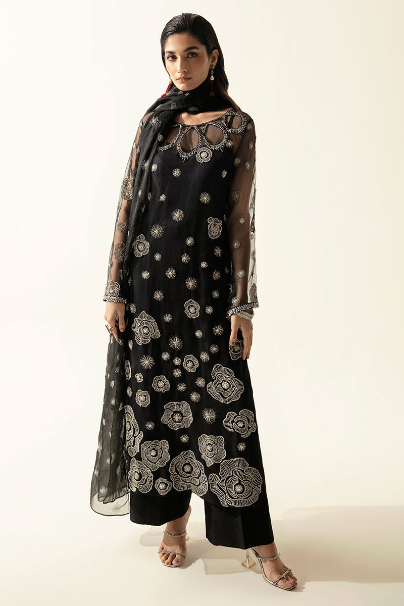 Women Wearing Manera Black Long Shirt for Luxury Events - Pakistani Designer Wear for Women in UK | Kifat