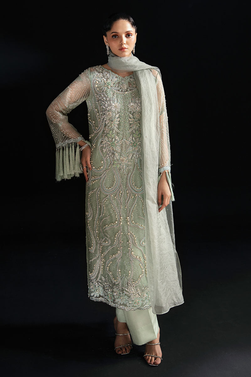Women Wearing Dione Powder Green Long Shirt for Festive Events - Pakistani Designer Wear for Women in UK | Kifat