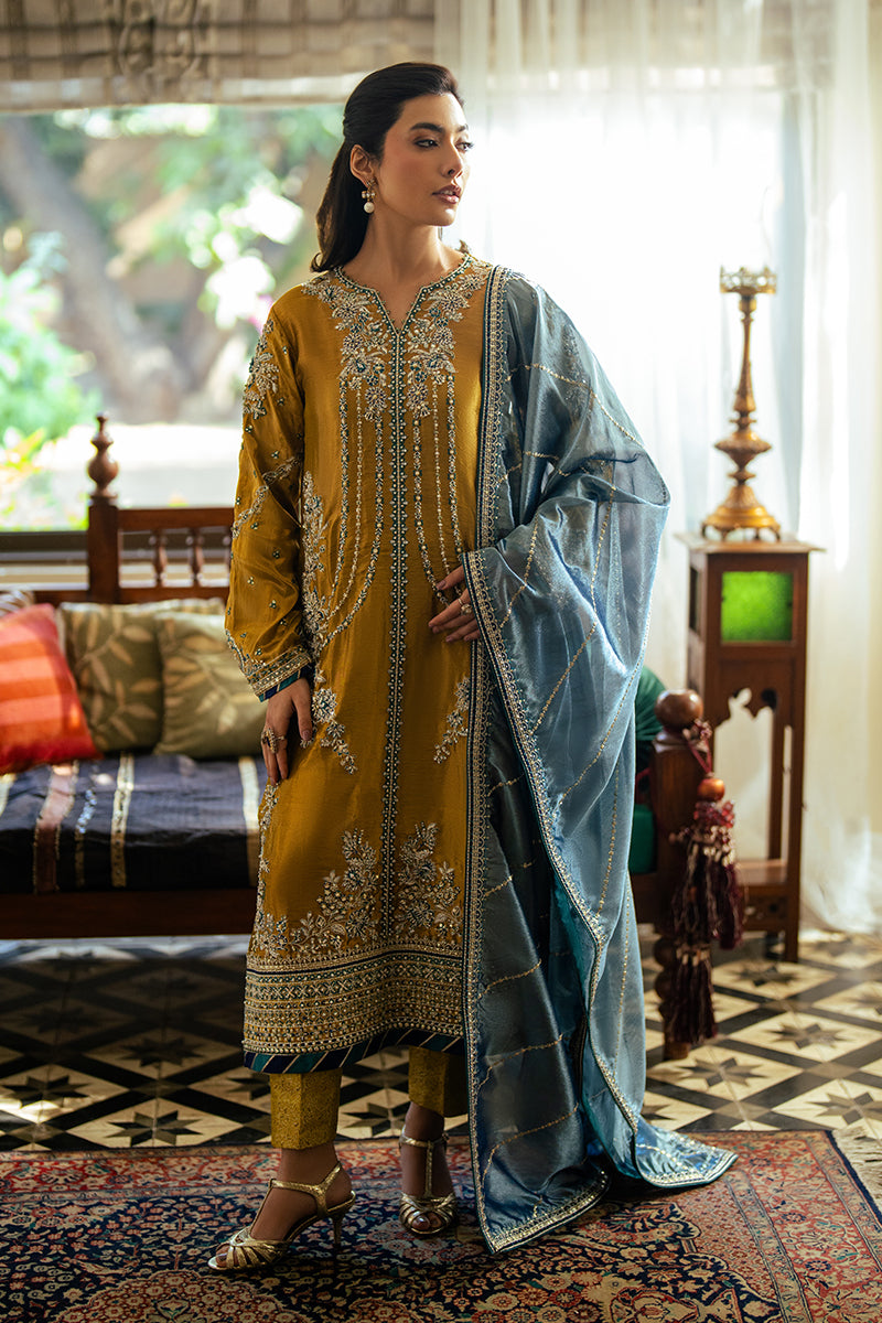 Women Wearing Zoya Golden Long Shirt for Formal Events - Pakistani Designer Wear for Women in UK | Kifat