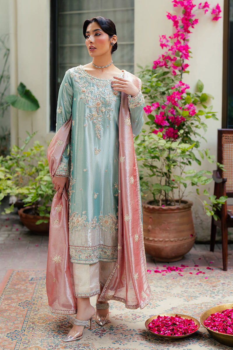 Women Wearing Eman Light Blue Long Shirt for Formal Events - Pakistani Designer Wear for Women in UK | Kifat