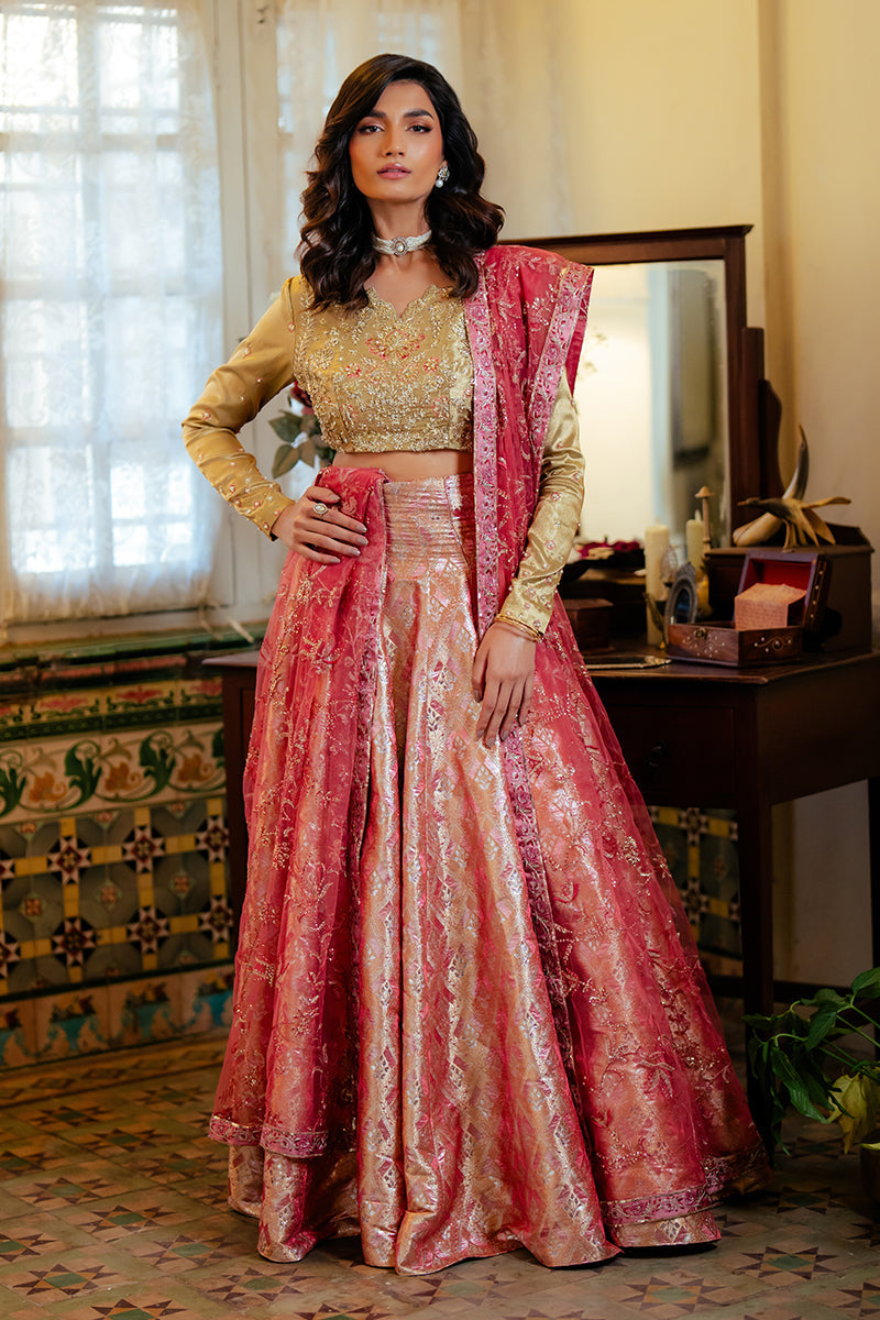 Women Wearing Iqra Gold Lehnga Choli for Formal Events - Pakistani Designer Wear for Women in UK | Kifat