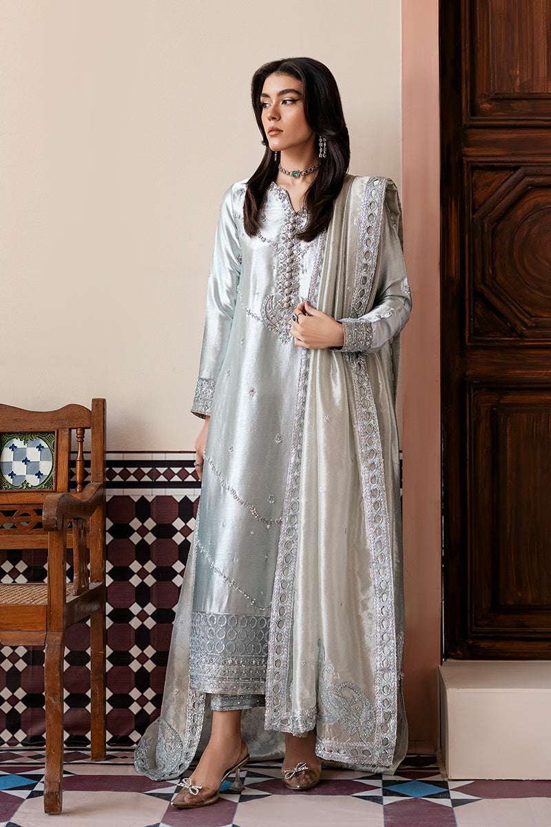 Women Wearing Sitareh Silver Blue Long Shirt for Formal Events - Pakistani Designer Wear for Women in UK | Kifat