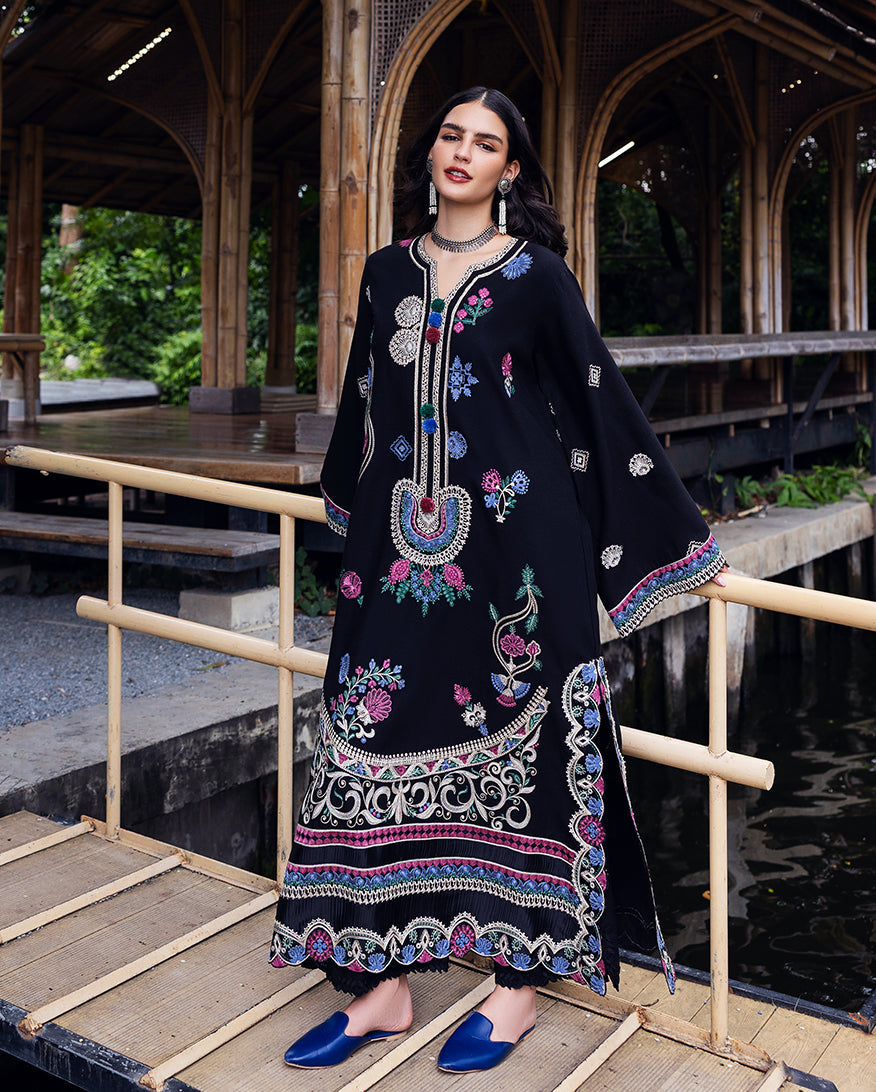 Women Wearing Midnight Rune Black Long Shirt for Luxury Events - Pakistani Designer Wear for Women in UK | Kifat