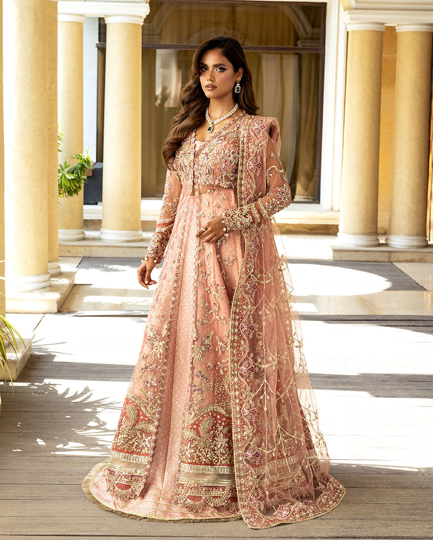 Women Wearing Naina Peach Peshwas for Wedding Events - Pakistani Designer Wear for Women in UK | Kifat