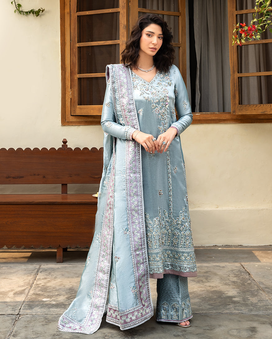 Women Wearing Nissa Sky Blue Long Shirt for Formal Events - Pakistani Designer Wear for Women in UK | Kifat