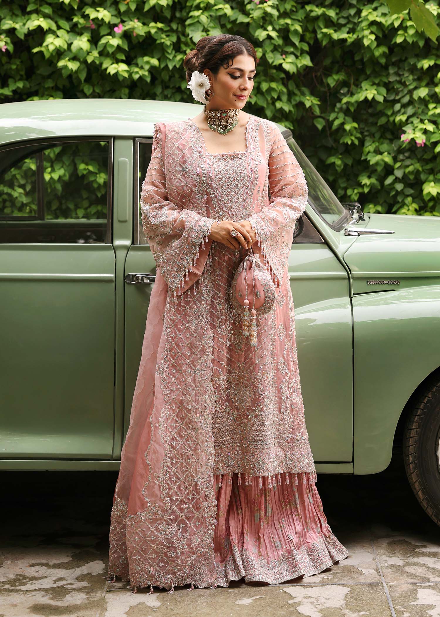 Kanwal Malik Shabnam Blush Pink Long Shirt with Crushed Sharara for Bridal wear, Guest of Formal Wedding - Pakistani Designer Wear for Women in UK | Kifat